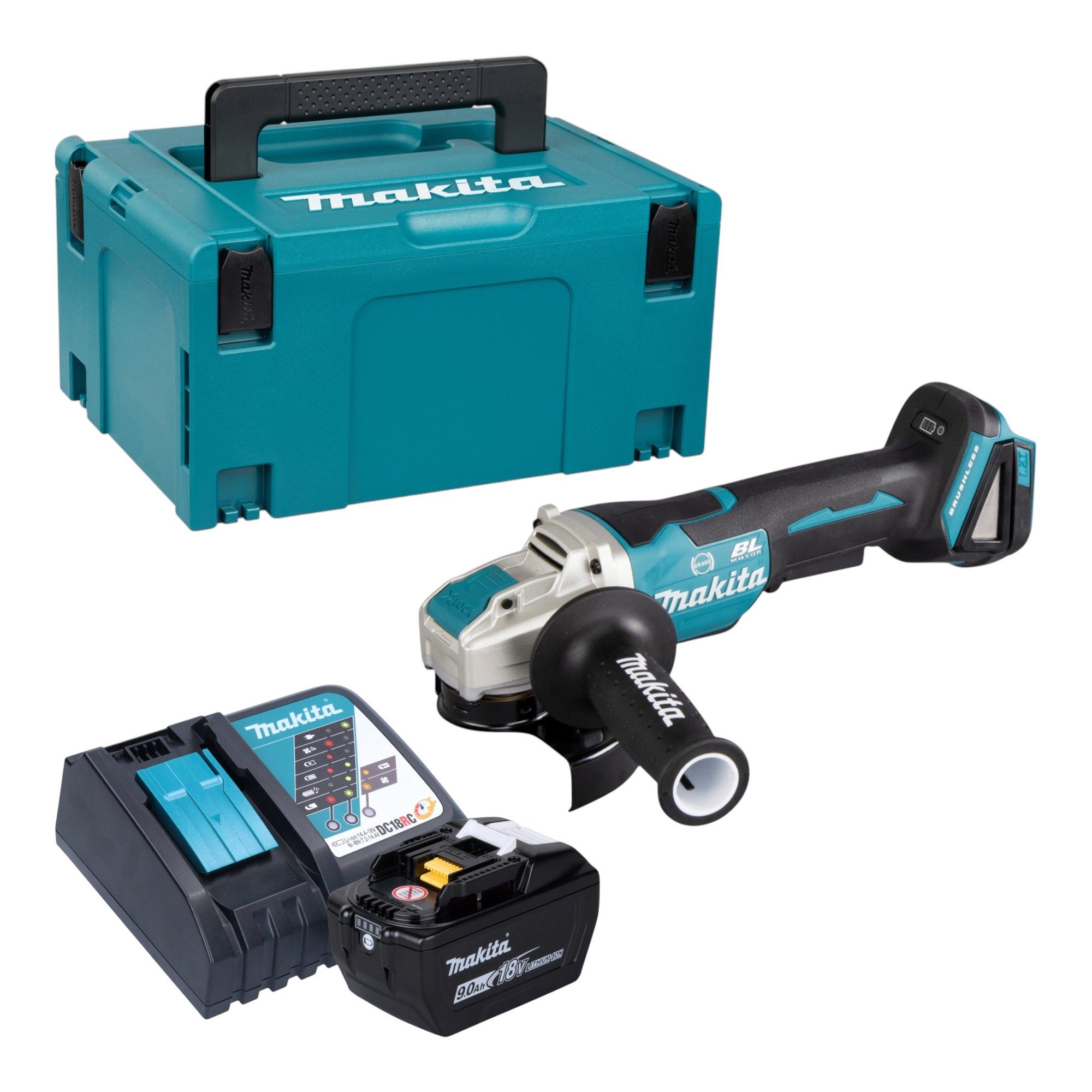 Makita Akku-Winkelschleifer DGA 520 ZX1 18 V 125 mm X-LOCK Brushless + 1x Akku 9,0 Ah + Ladegerät
