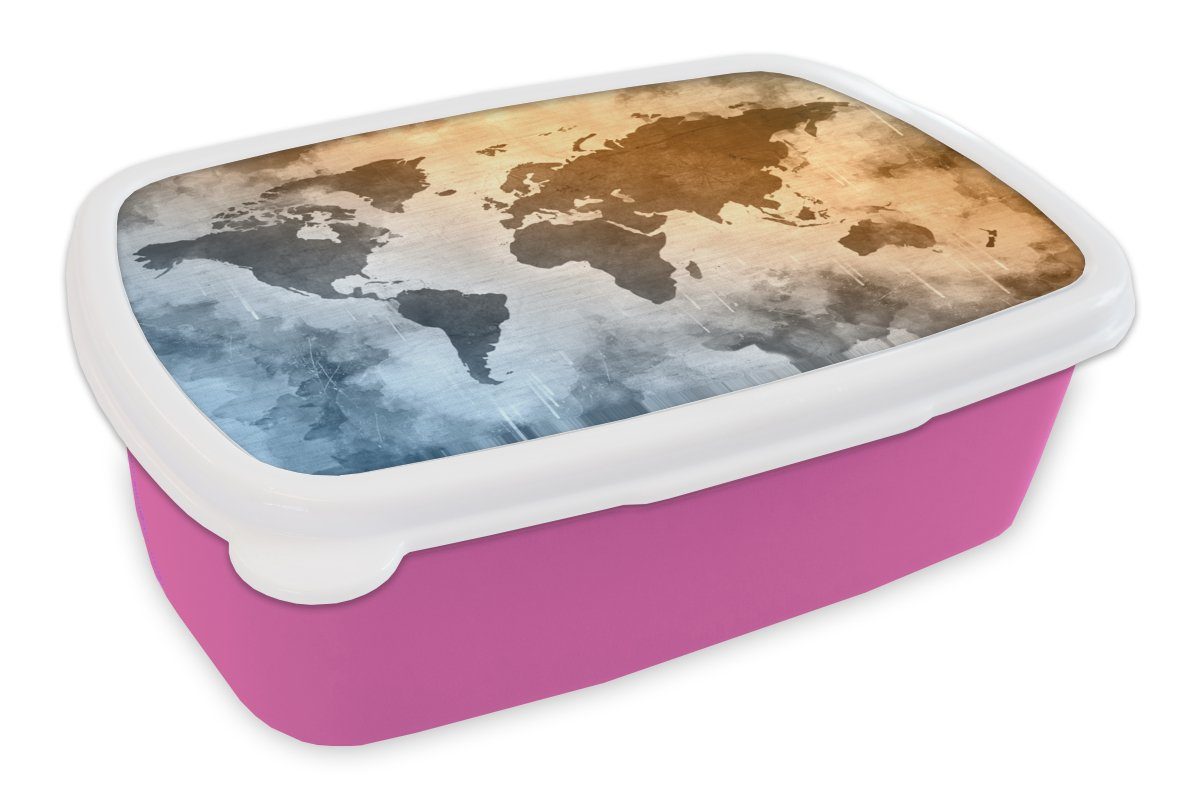 MuchoWow Lunchbox Weltkarte - Farben - Abstrakt, Kunststoff, (2-tlg), Brotbox für Erwachsene, Brotdose Kinder, Snackbox, Mädchen, Kunststoff rosa