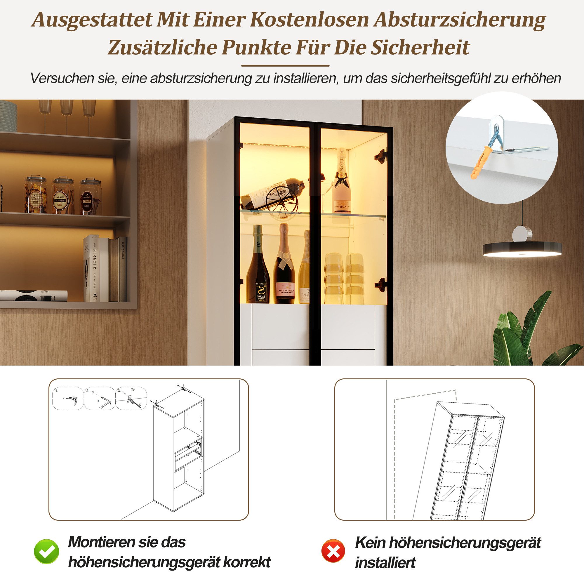 Merax Standvitrine Glasvitrine mit LED-Beleuchtung und Stauraum (Wohnzimmerschrank Standregal Schrank, 60×40×160cm, 1-St) Vitrine mit Hartglastür, 2 verstellbar – Bild 4 von 5