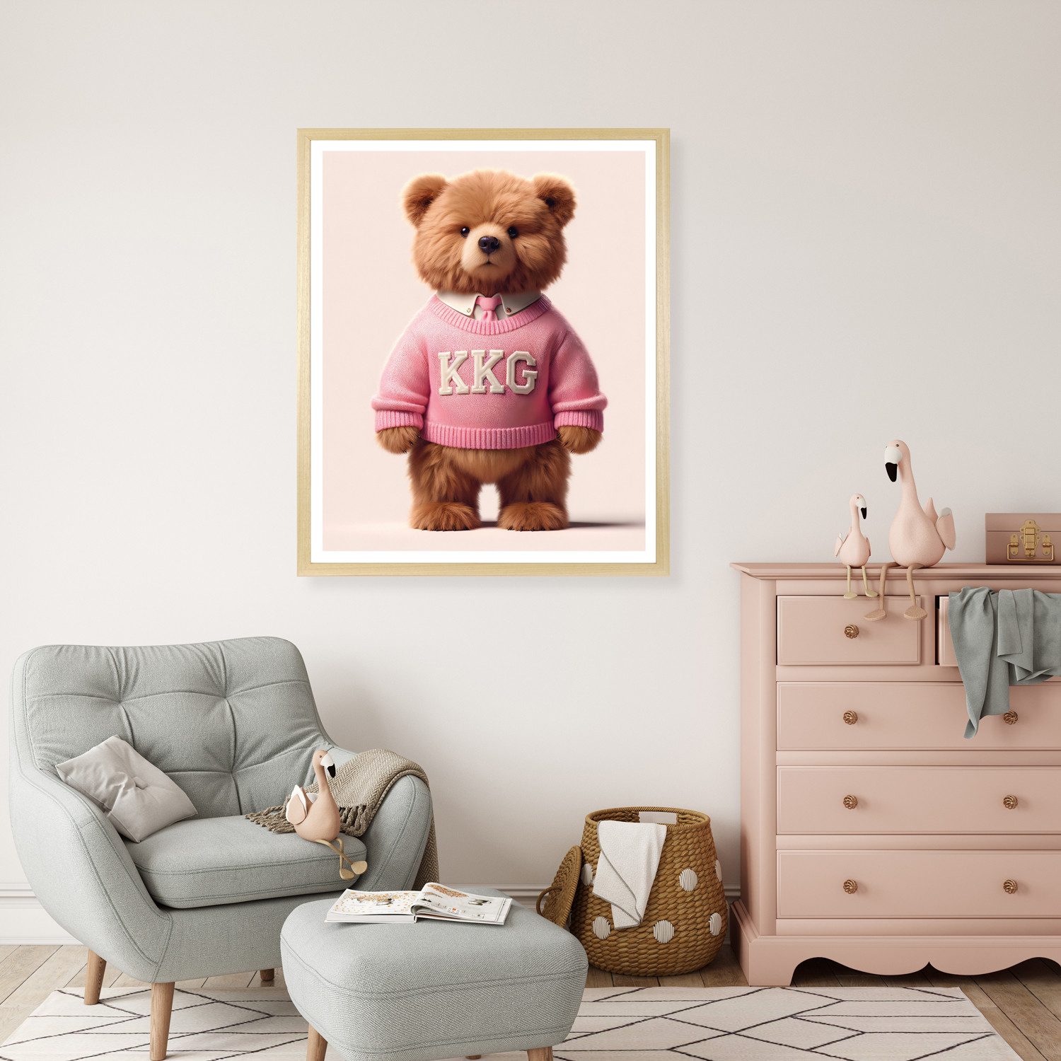 queence Bild mit Rahmen Vintage Teddy Bär Mädchen mit Krawatte in rosa, Bär, Bären, Fashion, Figuren, Mode, Modebilder, HD Premium Poster-Druck inkl. Echtholzrahmen in beige