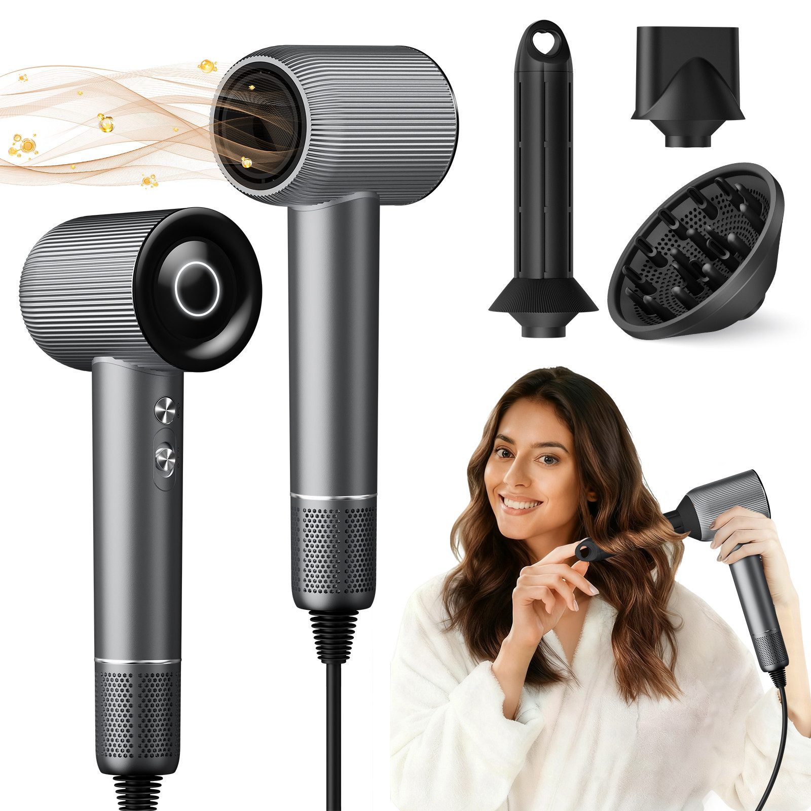 Sytifro Ionic-Haartrockner mit Lockenstab, 2025 Neue 130.000 U/Min Bürstenloser Super Föhn, 1600 W, Vierfache Pflegetechnologie, Schnelltrocknender Haartrockner, 300 Millionen negativen Ionen Haarföhn