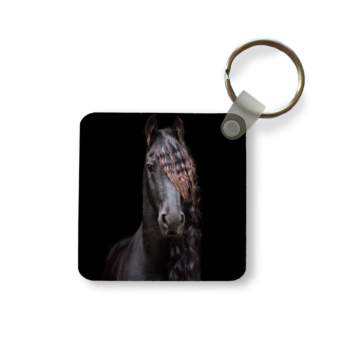MuchoWow Schlüsselanhänger Pferde - Friesisch - Mähne - Schwarz - Tiere, Quadratisch, Accessoire Auto / Haus / Rucksack / Handtasche, 5x5 cm