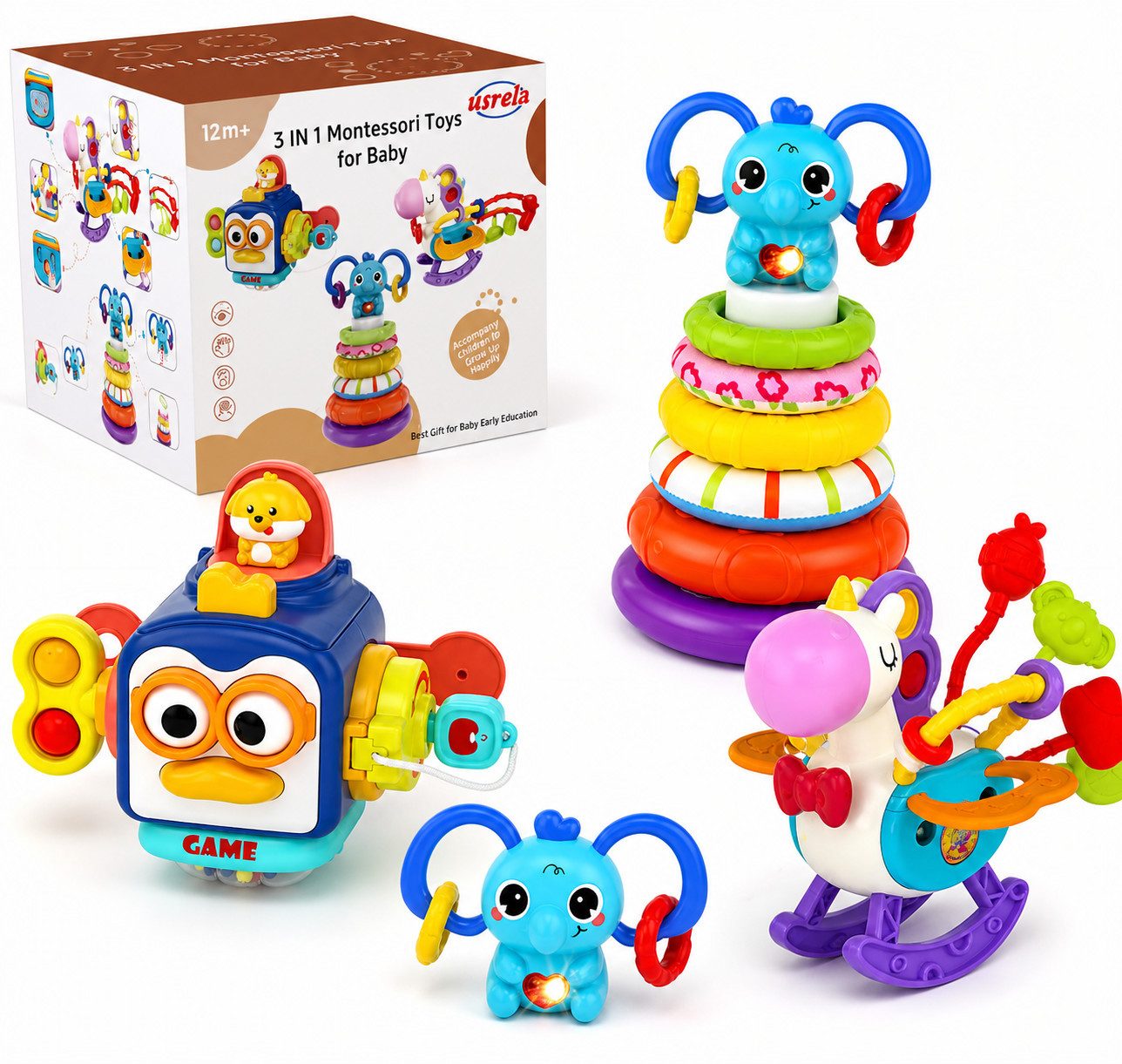 usrela Lernspielzeug Montessori Lernspielzeug 3in1 Set Motorik Sensorik Stapelspiel Baby (Set Montessori Lernspielzeug 3in1 Motorik Sensorik Baby, 3in1 Spielzeug Set Stapelspiel Sensorik Würfel Zugspielzeug), 3in1 Stapeln Ziehen Sensorik Motorik Spielzeug