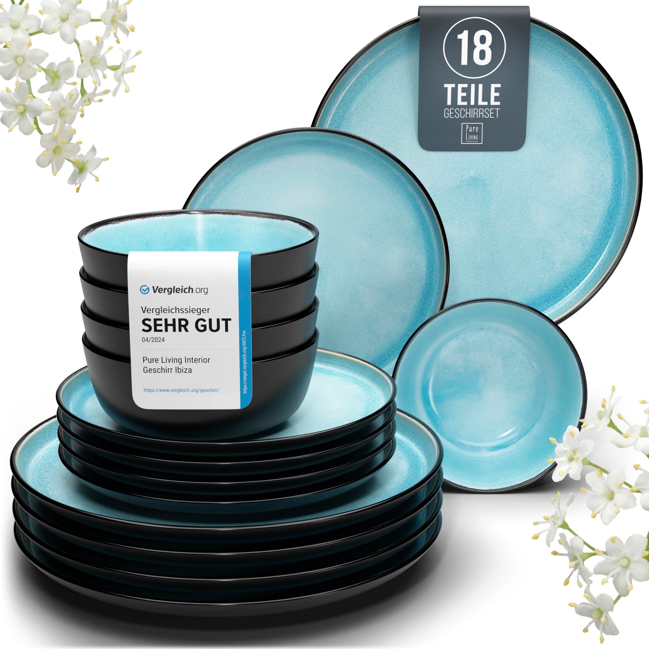 PURE LIVING INTERIOR DESIGN Geschirr-Set 6 Pers. - Hochwertiges Steingut Geschirrset (18-tlg), 6 Personen, Steingut, Geschirr Set - Schüssel- und Teller Set - Tafelservice 6x Geschirrsets