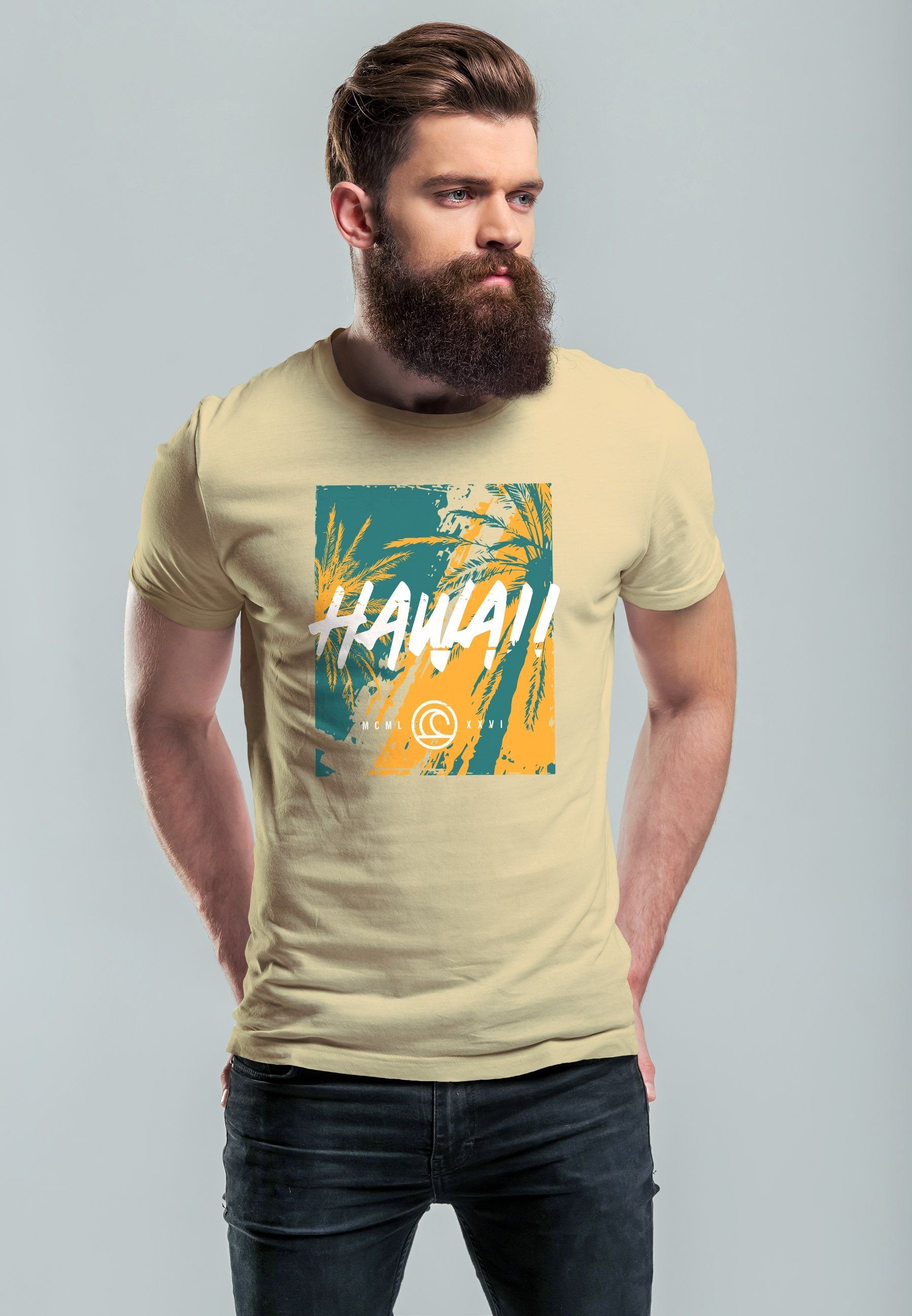 Hawaii Str Print-Shirt Fashion Sommer natur T-Shirt Print Herren Palmen Aufdruck Neverless mit Print Surfing