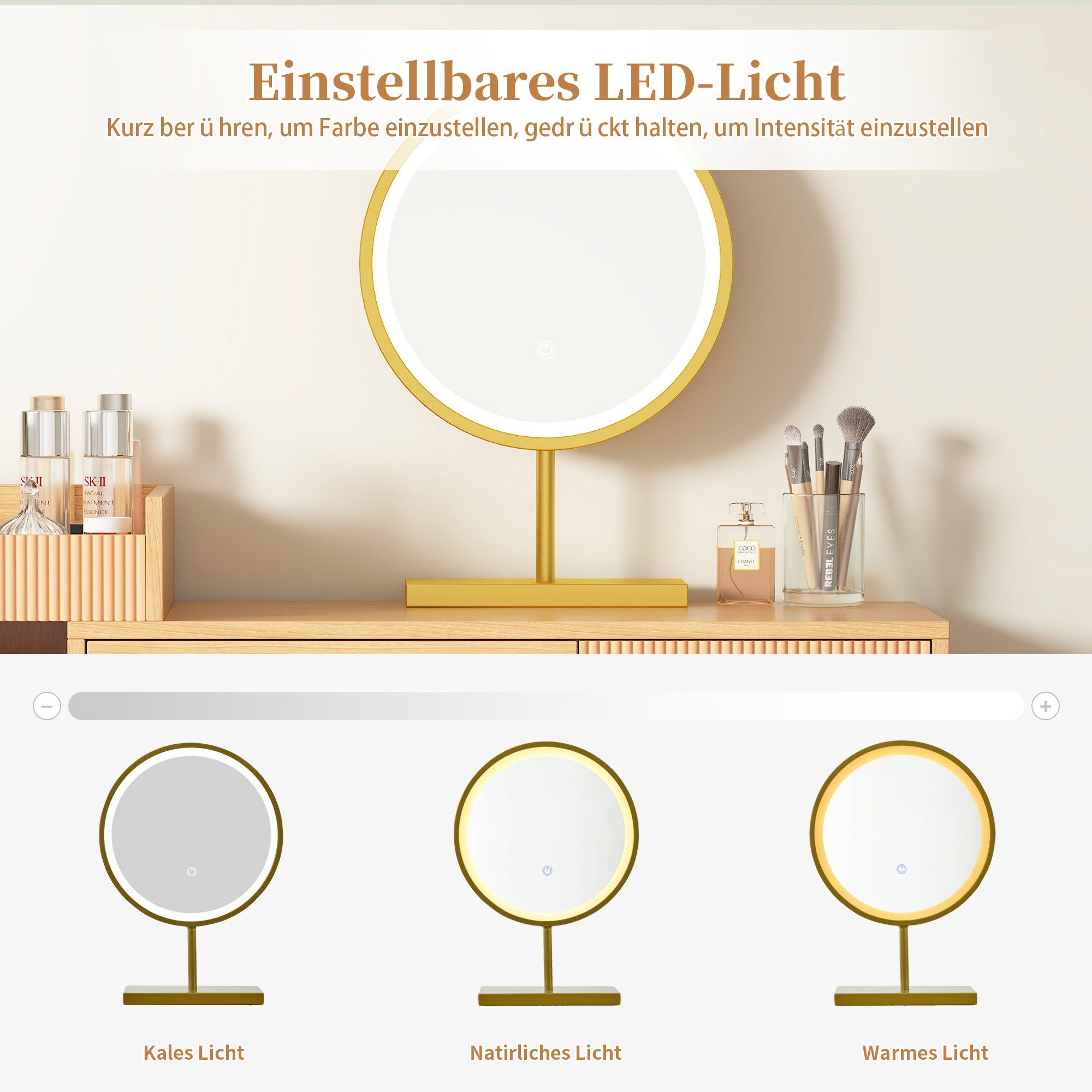 i@home Schminktisch -Set mit LED-Spiegel, 3 Schubladen & Seitenschrank, ausziehbar (Schminktisch-Set mit LED-Spiegel (ohne Hocker), Holzfüße, LED-Ringspiegel, 3 – Bild 5 von 5