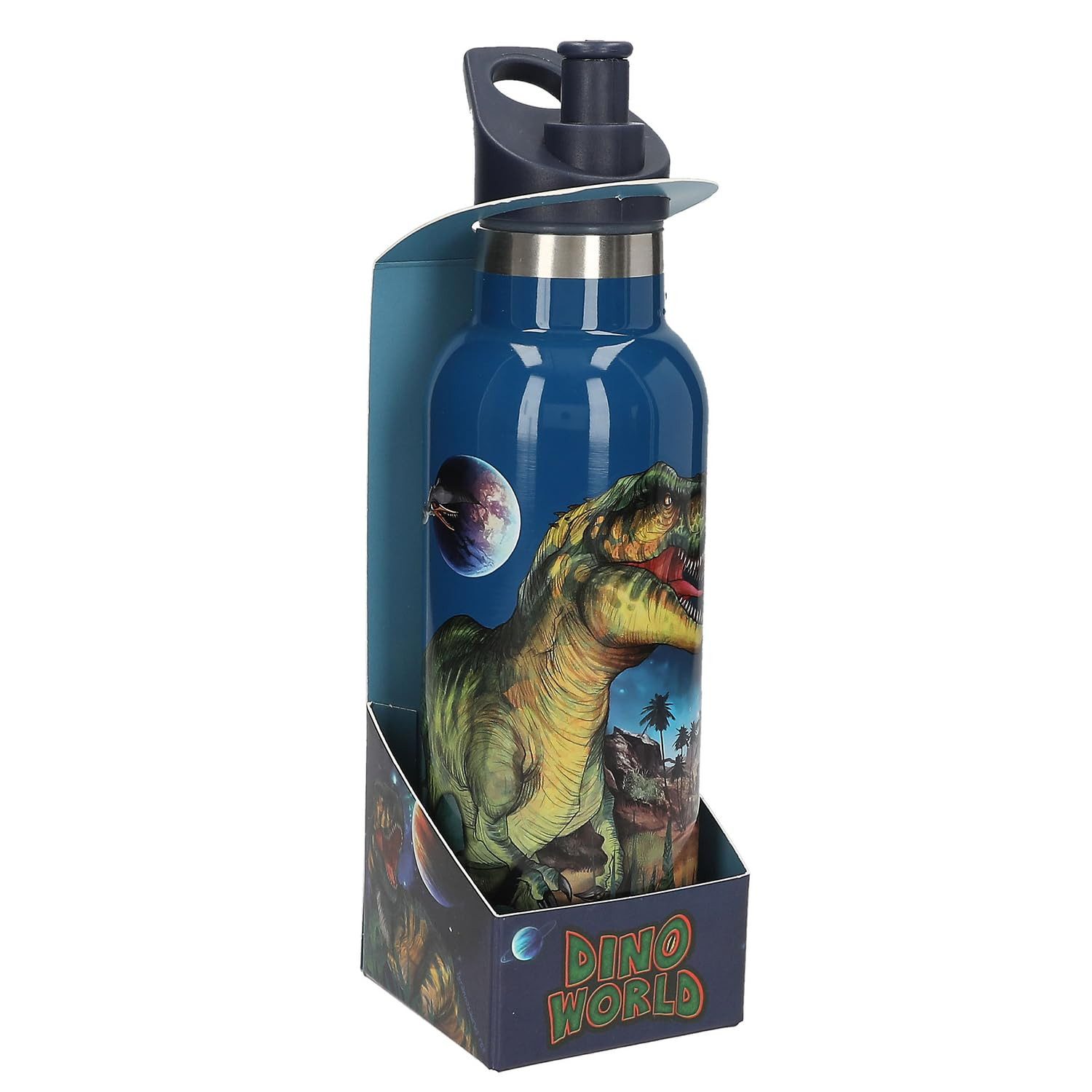 Depesche Schmuckset Dino World Galaxy Trinkflasche Dunkelblau 500 ml Edelstahl, Dinosaurier Motiv, Sportflasche – Bild 2 von 4