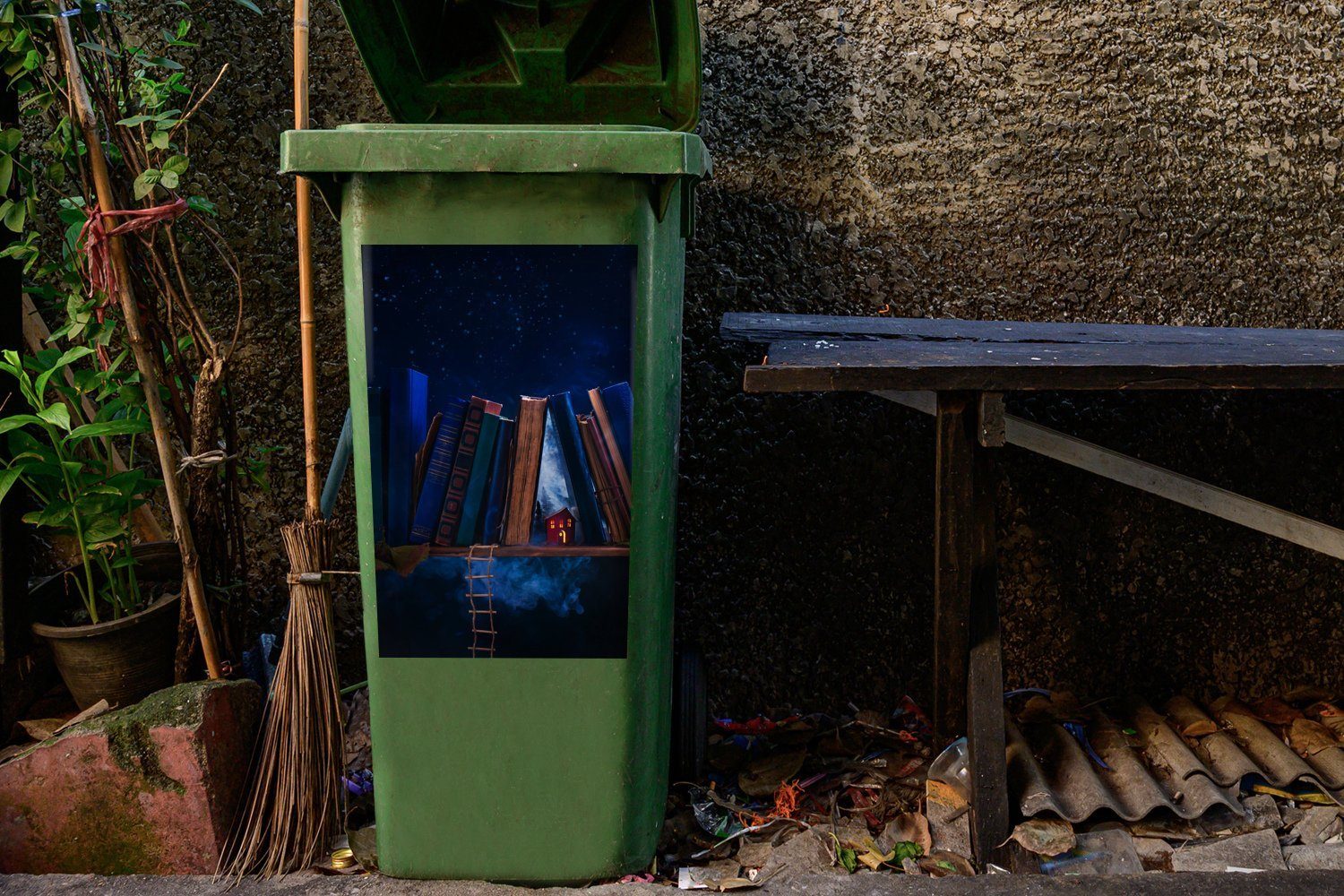 St), Abfalbehälter MuchoWow Sticker, (1 inmitten Mülltonne, Bücher Wandsticker Container, der Verlassenes Haus Mülleimer-aufkleber,