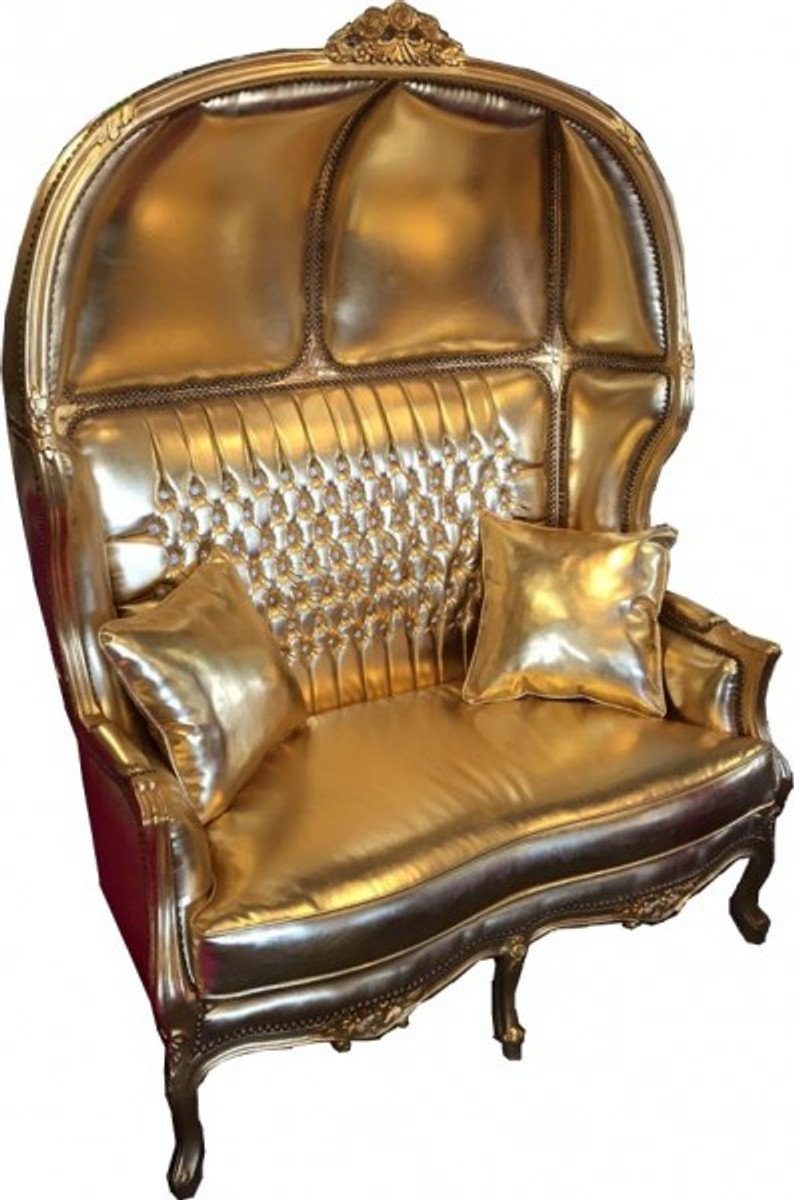 Casa Padrino 2-Sitzer Barock 2er Ballon Sofa Gold Lederoptik / Gold mit Bling Bling Glitzersteinen - Wohnzimmer Couch Möbel Lounge Hochzeit