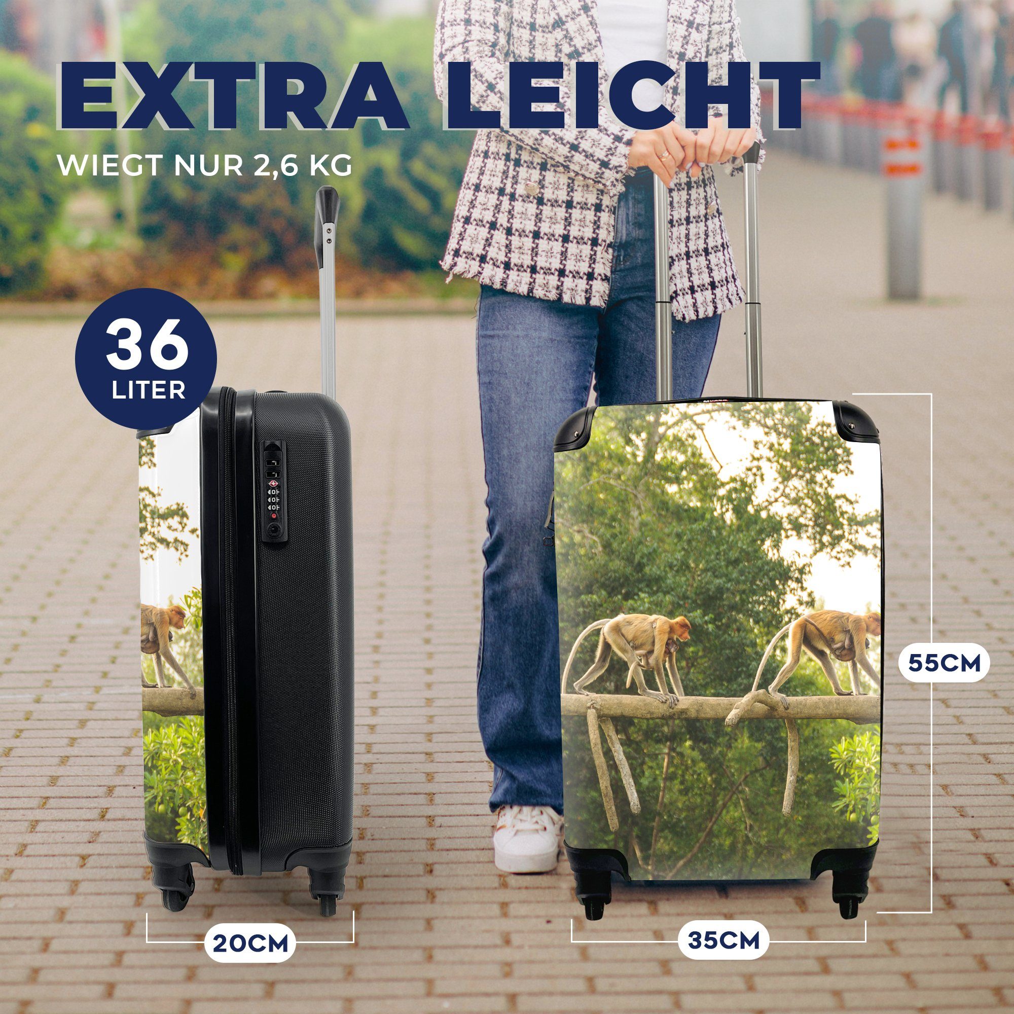 mit für auf Handgepäck laufen Reisetasche MuchoWow Trolley, Affen 4 Rollen, Ferien, Reisekoffer rollen, Ast, Handgepäckkoffer