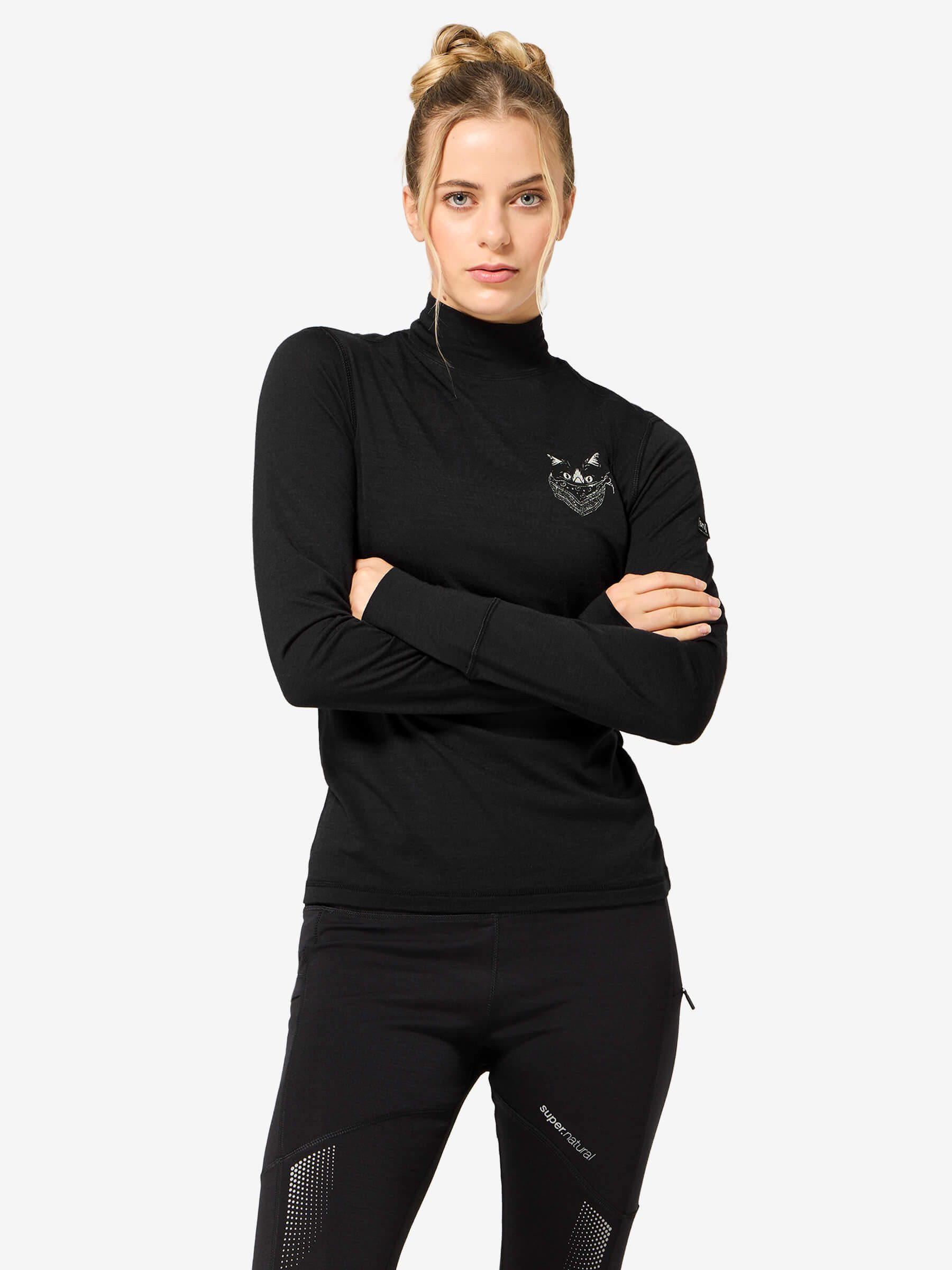 SUPER.NATURAL Funktionsshirt für Damen,Merino W TUNDRA175 BANDITO TURTLENECK mit Tier-Motiv, atmungsaktiv