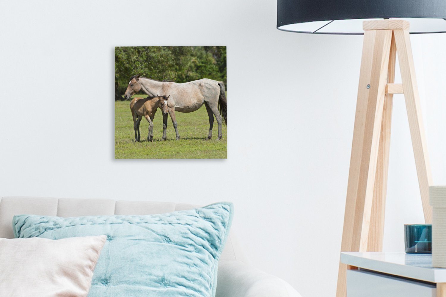 OneMillionCanvasses® Leinwandbild Wohnzimmer (1 bunt Leinwand - Bilder für Pferde - St), Schlafzimmer Schatten, Gras