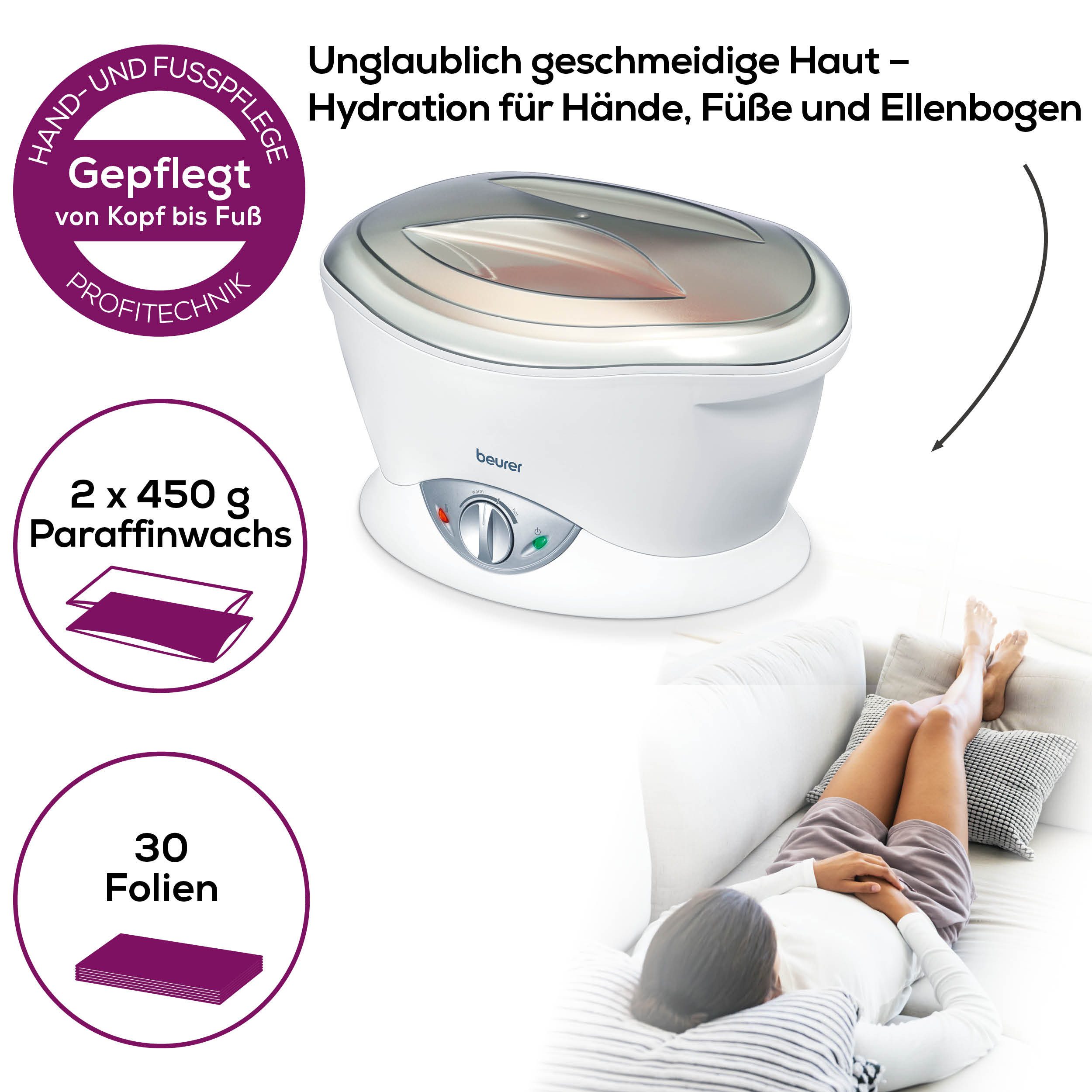 BEURER Paraffinbad MP 70 für geschmeidige Hände, Füße und Ellenbogen, Pflegt trockene, strapazierte Haut und öffnet die Poren