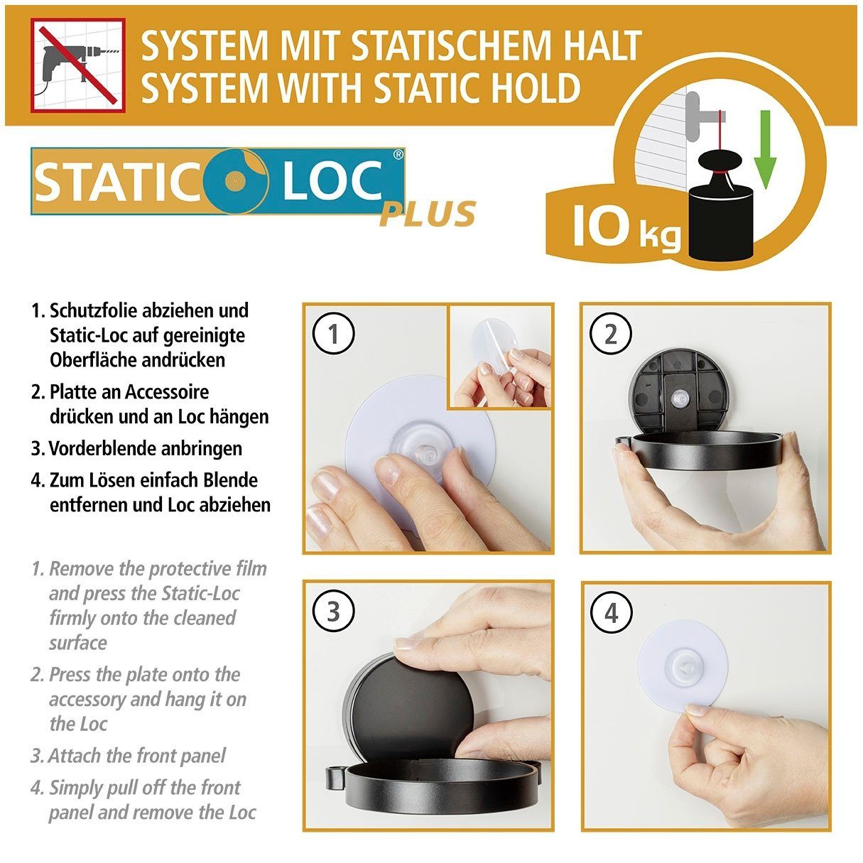 WENKO Static-Loc® Plus ohne (Befestigen Haartrocknerhalter, Pavia Bohren)