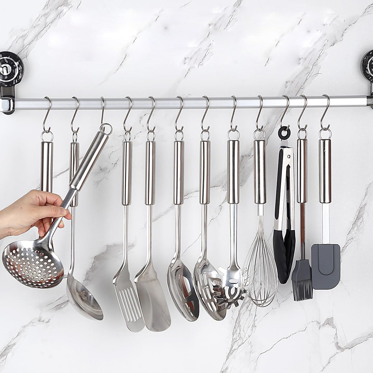 SURFOU Kochbesteck-Set Küchenhelfer Küchenutensilien 12 Stück Edelstahl Silikon Küchenset (Spiegelpolitur, Rostfrei & Spülmaschinenfest, 12-tlg., mit Aufhängeösen, Professionelles Küchengeschirr, Kochzubehör), edelstahl, spülmaschinenfest