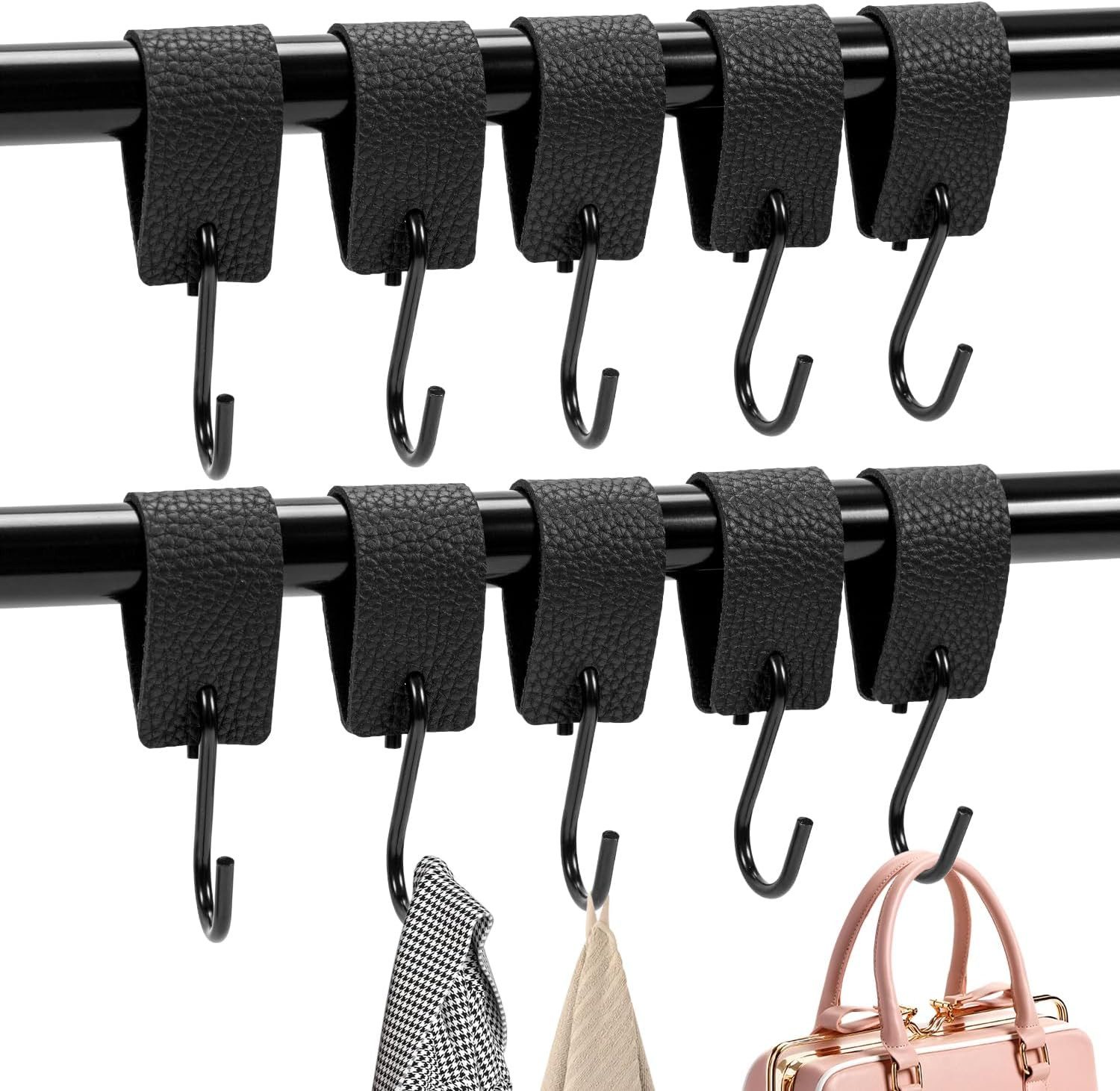 FOUORTUNATE-BEE Wandhaken 10er Set S-Haken Schwarz mit Lederband, Vielseitige Aufhängehaken, Haken für Küche, Bad, Wohnzimmer, Outdoor & Camping