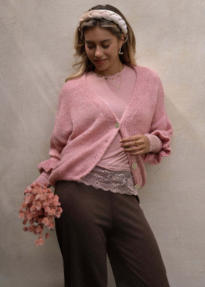 SASSYCLASSY Cardigan Strickjacke mit 3/4 Ärmeln für Damen Locker geschnittener Cardigan aus Strick in Schwarz