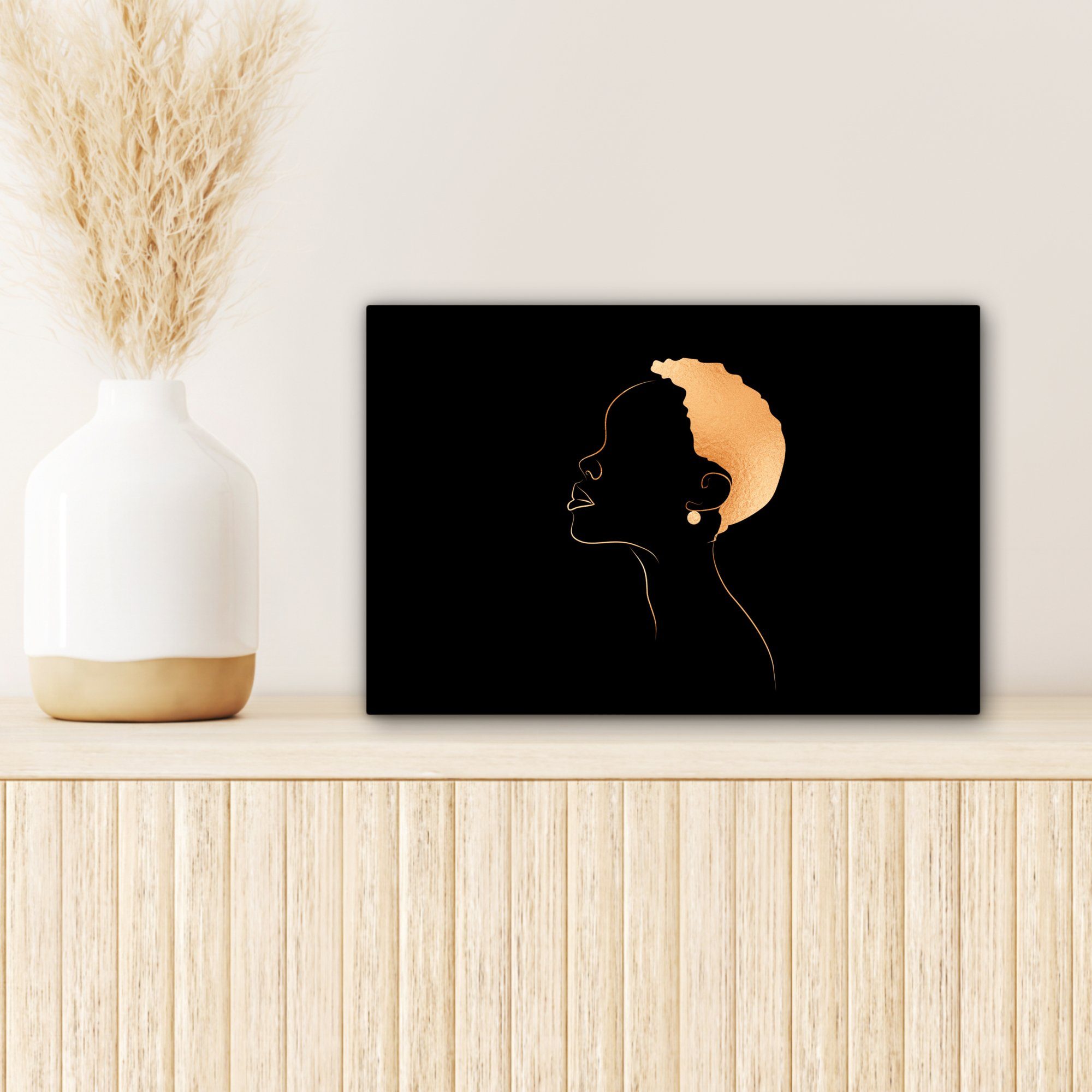 Wanddeko, Leinwandbilder, - Frau Strichzeichnung cm Aufhängefertig, OneMillionCanvasses® St), Schwarz Leinwandbild Wandbild (1 - 30x20 - Gold,