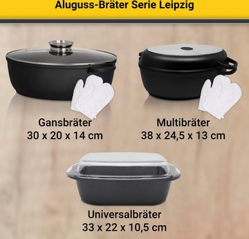 Krüger Bräter Aluguss Universalbräter mit Glasdeckel LEIPZIG, 33 x 22 x 10,5 cm, Aluminiumguss (1-tlg), hochwertige Antihaft-Versiegelung