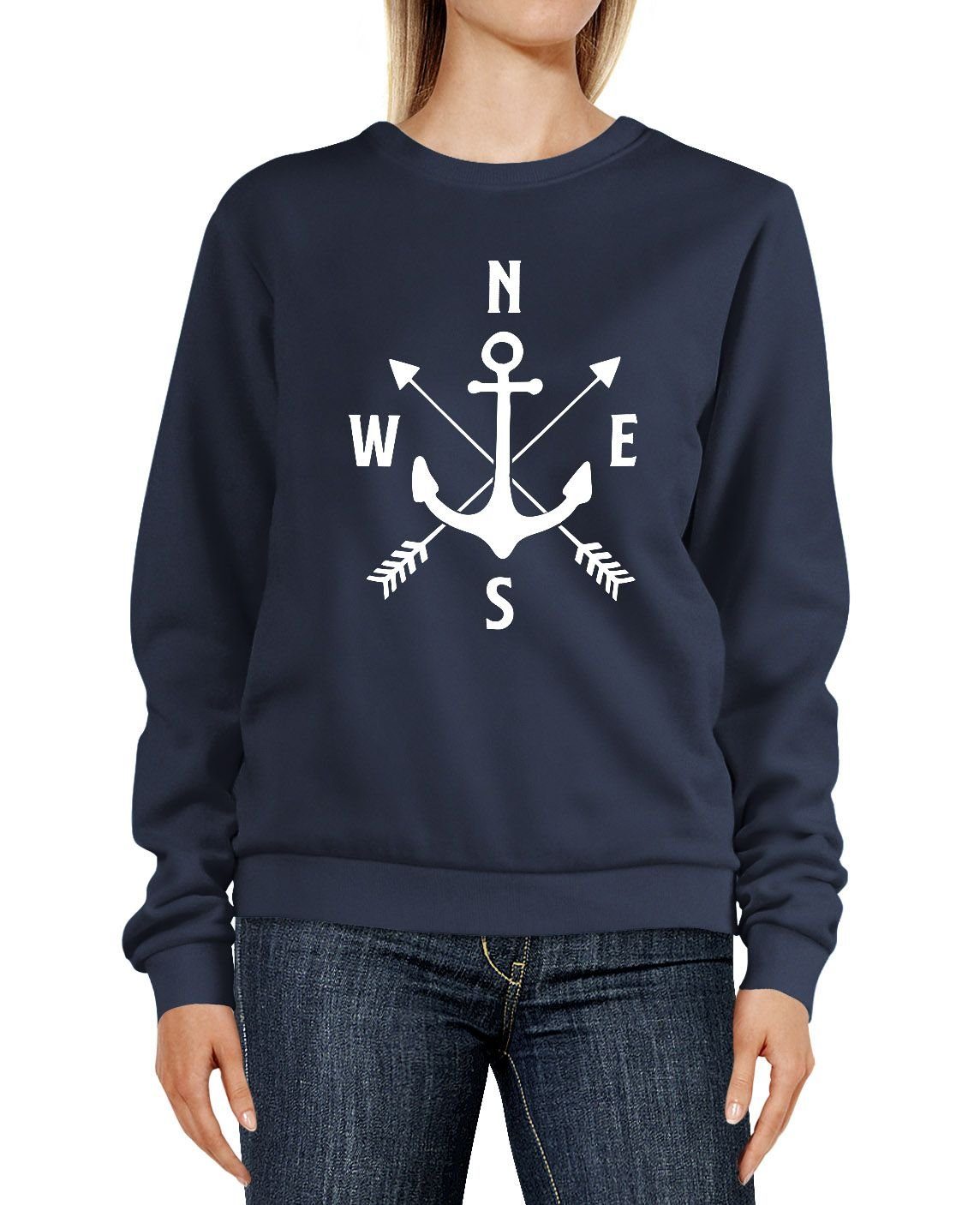 Sweatshirt Sweatshirt Damen Aufdruck Motiv Anker Kompass Pfeile Rundhals-Pullover Pulli Sweater Moonworks®