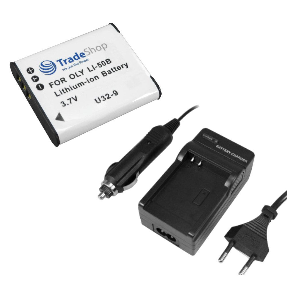 Trade-Shop 2in1 Set passend für Olympus mju9010 UZ SP810 XZ1 SZ-10 Ladegerät + Kamera-Akku Li-Ion 950 mAh (3,7 V), Für 220V Steckdose und 12V/24V Kfz Zigarettenanzünder
