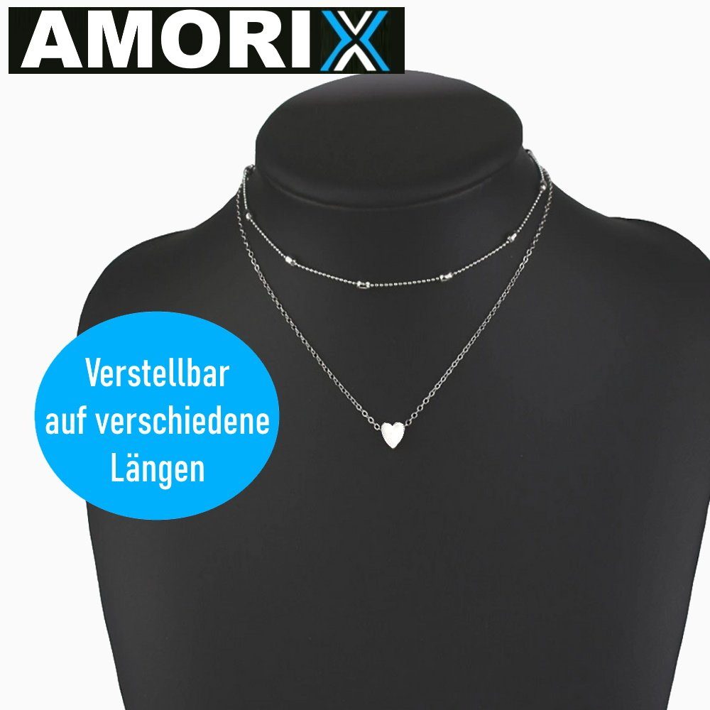 kurz MAVURA Herzkette Blogger Set, Herz Halskette Damen Kette silber mit Kette Statement Valentinstag Doppelkette Anhänger 2er AMORIX Doppel