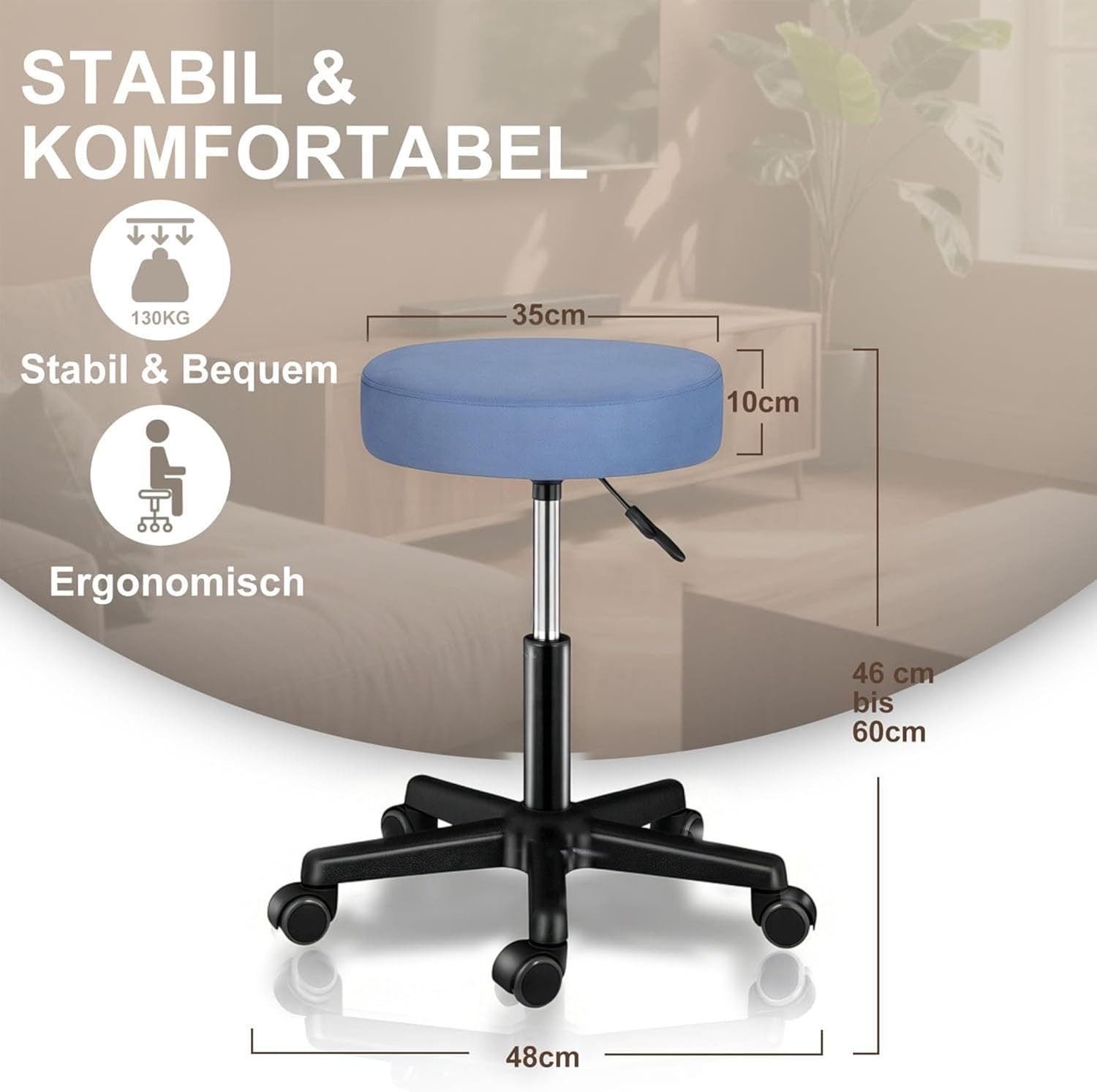 Zedelmaier Hocker Drehhocker Bürohocker Barhocker Arbeitshocker Polsterung, 44-58cm Höhenverstellbarer, 360°drehbar mit 5 Rollen