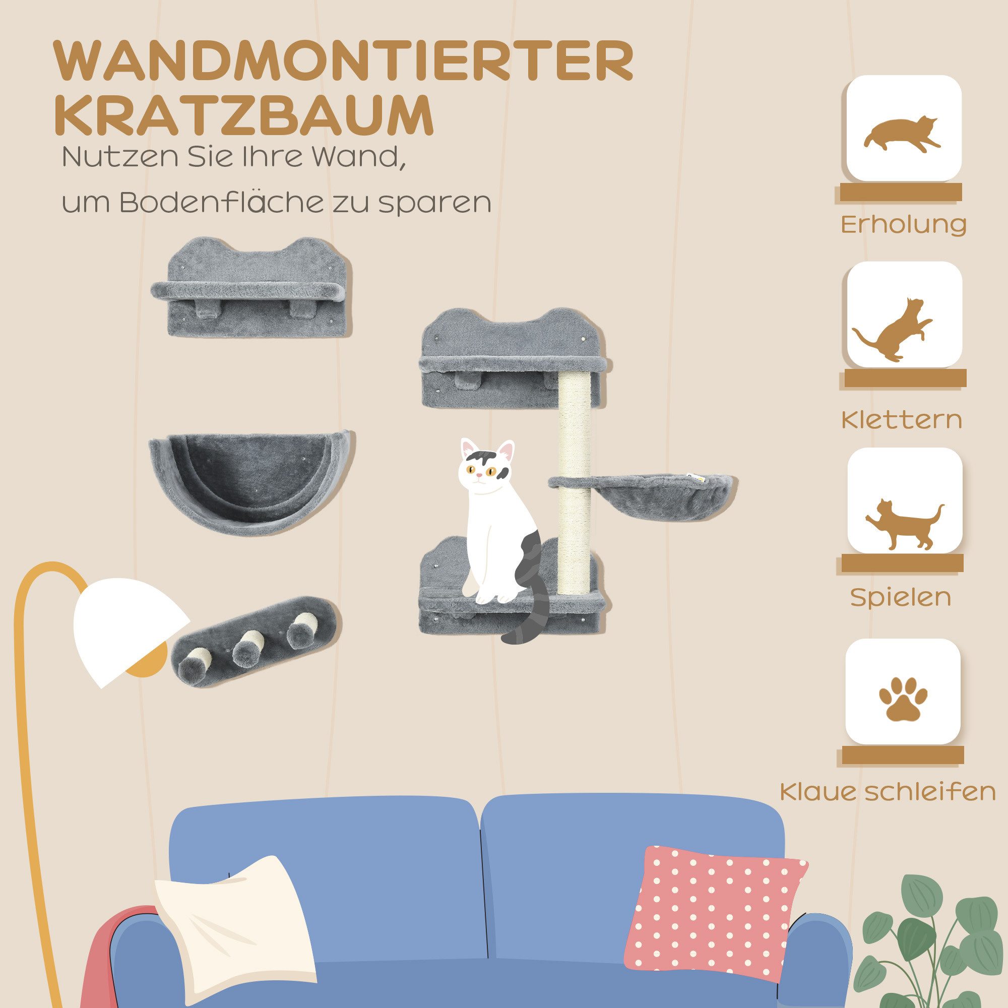 PawHut Katzen-Kletterwand 4 tlg. mit Kaztentreppe, Hängematte, Sprungplatt, Wandkratzbaum, für Katzen bis 5 kg, Polyester, grau