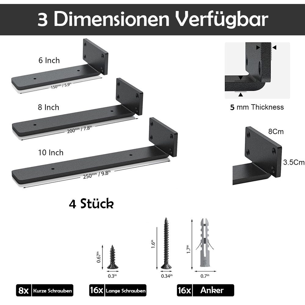 TUWENA Wandregalhalter 4 Stück Regalhalterung, Schwerlastträger unterstützung DIY (5mm dick), 4-tlg., 90Grad Regal Halterung Wandregal Halterung, Metallwinkel mit Schrauben