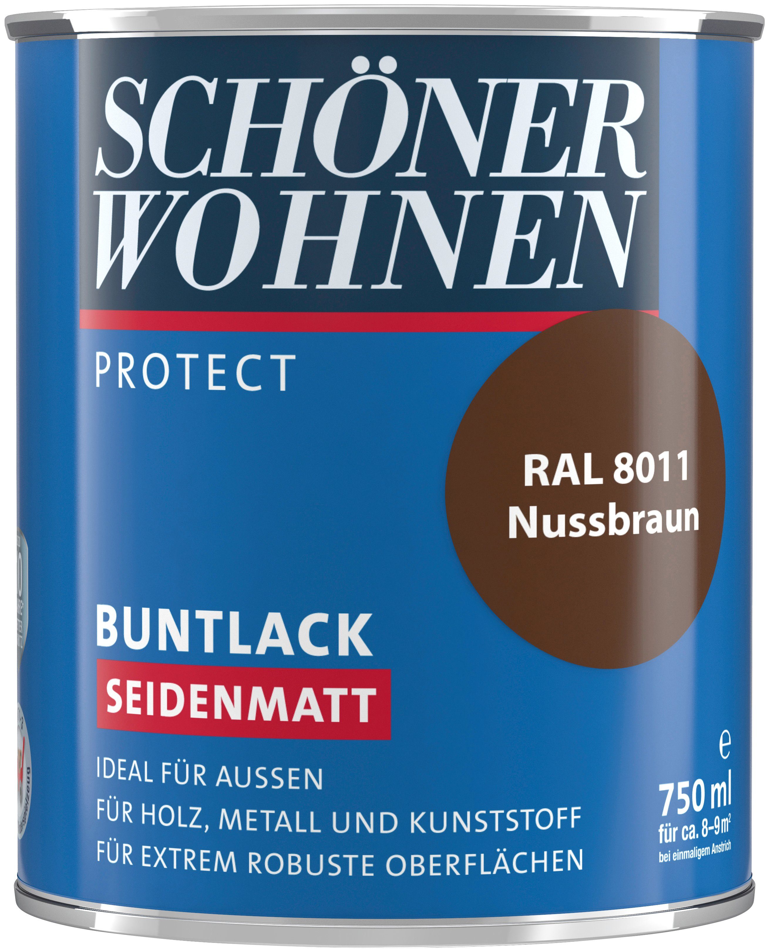 SCHÖNER WOHNEN FARBE Lack Protect 750 für ml, seidenmatt, 8011, ideal nussbraun außen RAL Buntlack