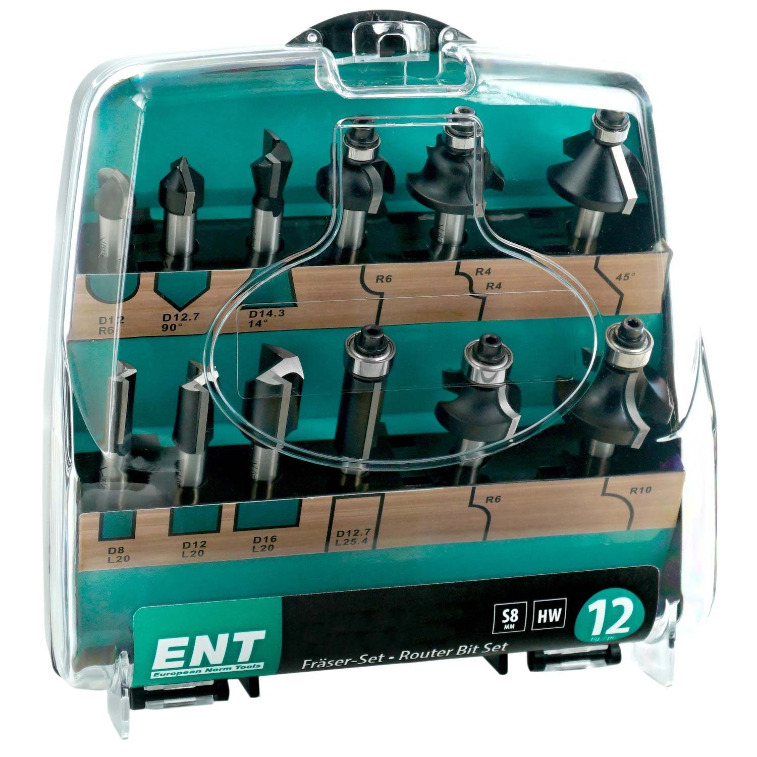 ENT European Hartmetall Tools Fräsbohrer 09012 hochwertige (in 12-tlg. Schaft Norm Kunststoffkassette), 8mm, die mit Fräserset Grundausstattung