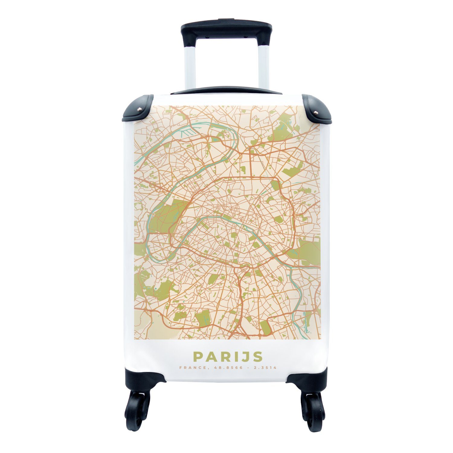 MuchoWow Handgepäckkoffer Karte - Paris - Stadtplan - Vintage, 4 Rollen, Reisetasche mit rollen, Handgepäck für Ferien, Trolley, Reisekoffer