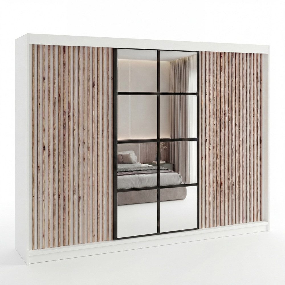 A&J MöbelLand GmbH Schiebetürenschrank NORIVO 200 cm mit 3D-Lamellen und Spiegelfront (TOP ANGEBOT! Geräumiger Schrank mit einer Breite von 200 cm ideal zur Aufbewahrung von Kleidung und Accessoires. Wählen Sie das ideale Modell für Ihr Schlafzimmer!, TOP PRODUKT)