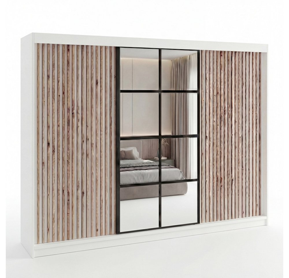 A&J MöbelLand GmbH Schiebetürenschrank NORIVO 200 cm mit 3D-Lamellen und Spiegelfront (TOP ANGEBOT! Geräumiger Schrank mit einer Breite von 200 cm ideal zur Aufbewahrung von Kleidung und Accessoires. Wählen Sie das ideale Modell für Ihr Schlafzimmer!, TOP