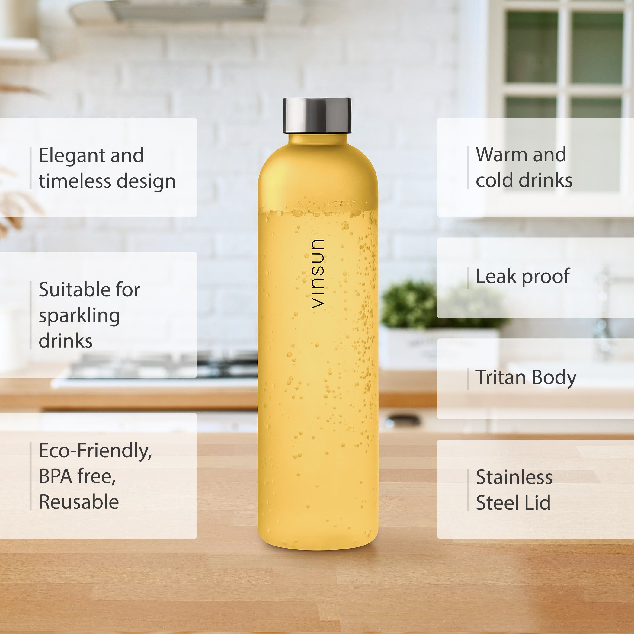 Geschmacksneutral, Trinkflasche Gelb bruchsicher, BPA Tritan, Vinsun Trinkflasche auslaufsicher auslaufsicher, Geruchs- 650ml, Kohlensäure und frei, geeignet,
