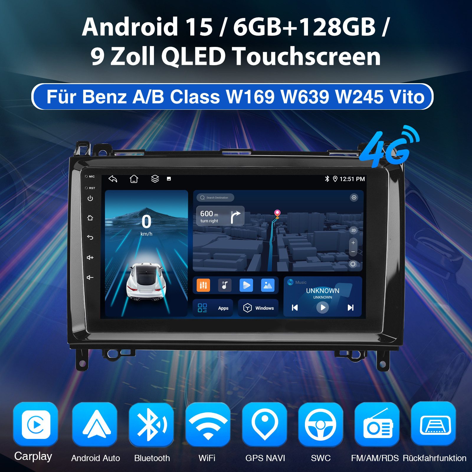 ESSGOO Für Mercedes W169 W639 Vito Viano W204 6+128G Android 15 Autoradio (RDS, Digitalradio (DAB), FM, AM, Apple Carplay Android Auto 4G LTE DSP SWC 8-Kern)