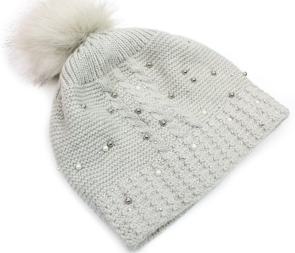 dy_mode Bommelmütze Damen Strickmütze mit Bommel, Glitzer & Kunstperlen warme Wintermütze mit Kunstperlen & Glitzer