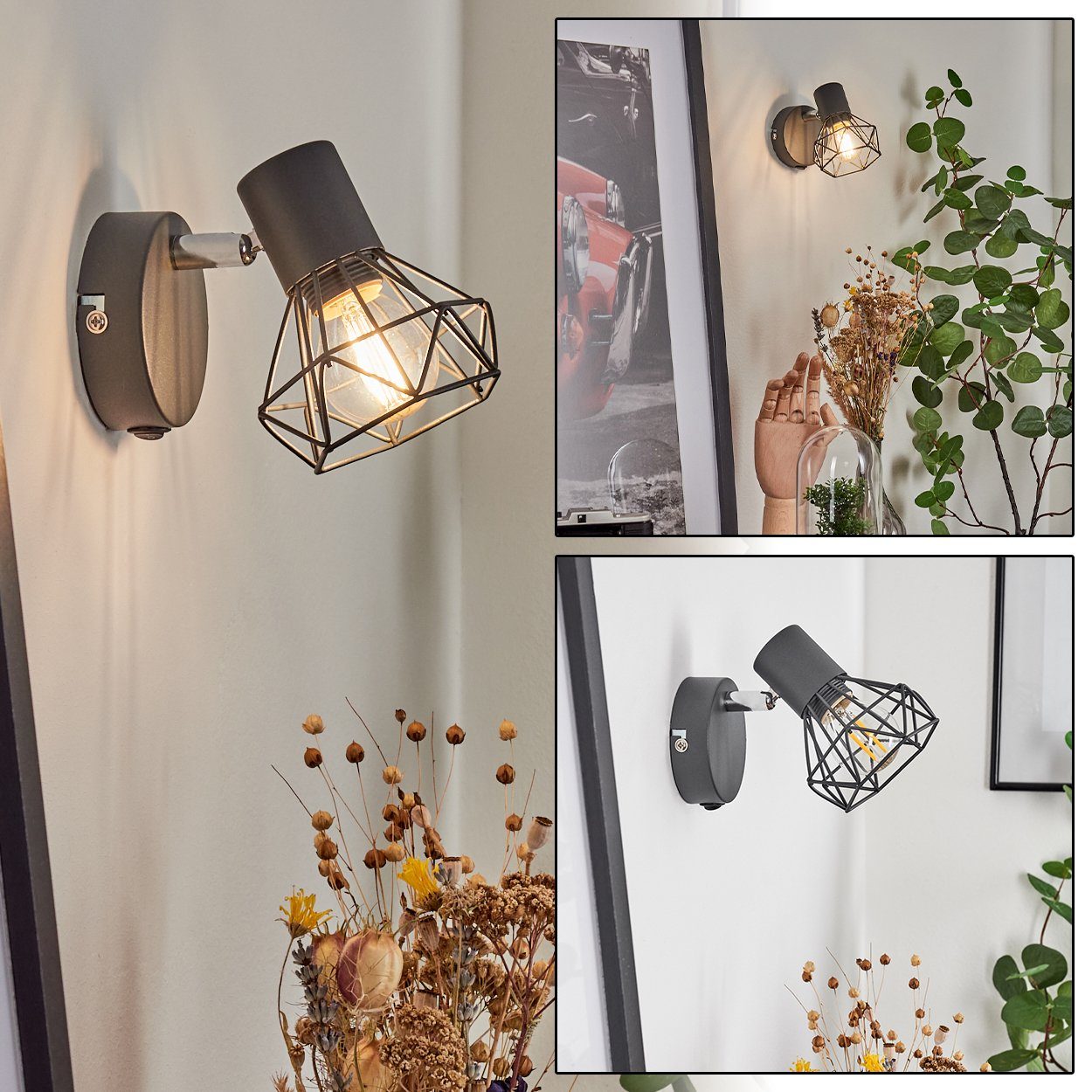 hofstein Wandleuchte »Voltri« verstellbare Wandlampe aus Metall in Anthrazit, ohne Leuchtmittel, 1xE14, moderner Wandspot mit Gitter u. An-/Ausschalter am Gehäuse