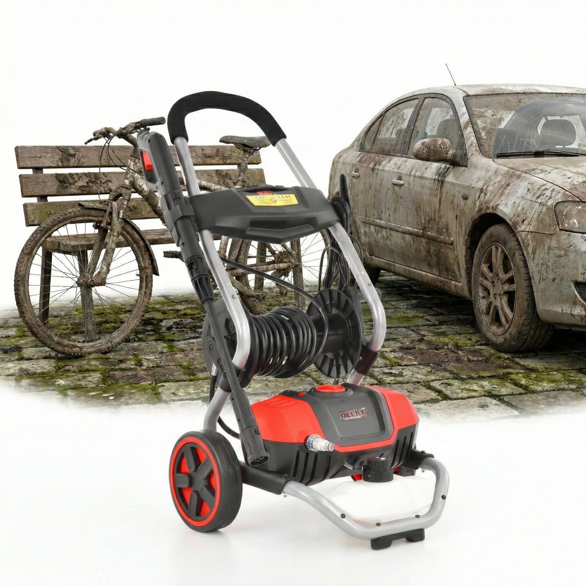 Hecht Hochdruckreiniger mit Schlauchtrommel Reinigungsmitteltank Düsennadel, 1800W, Druck max: 140 bar, Fördermenge max: 420 l/h, 230V, Sprühlanze (87 cm inkl. Pistole), bis 50 °C