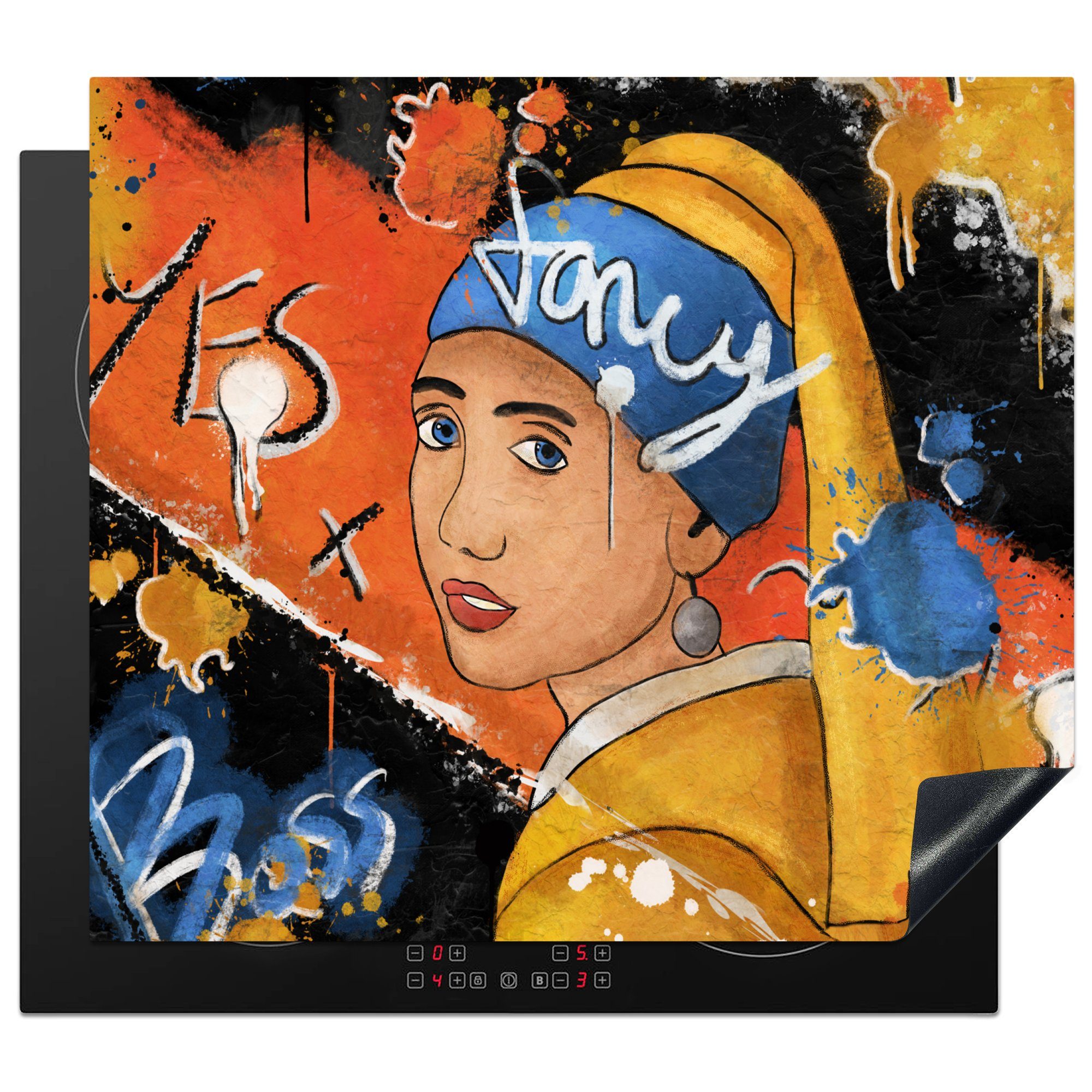 MuchoWow Herdblende-/Abdeckplatte Das Mädchen mit dem Perlenohrring - Straßenkunst - Kunst, Vinyl, (1 tlg), 59x52 cm, Ceranfeldabdeckung für die küche, Induktionsmatte