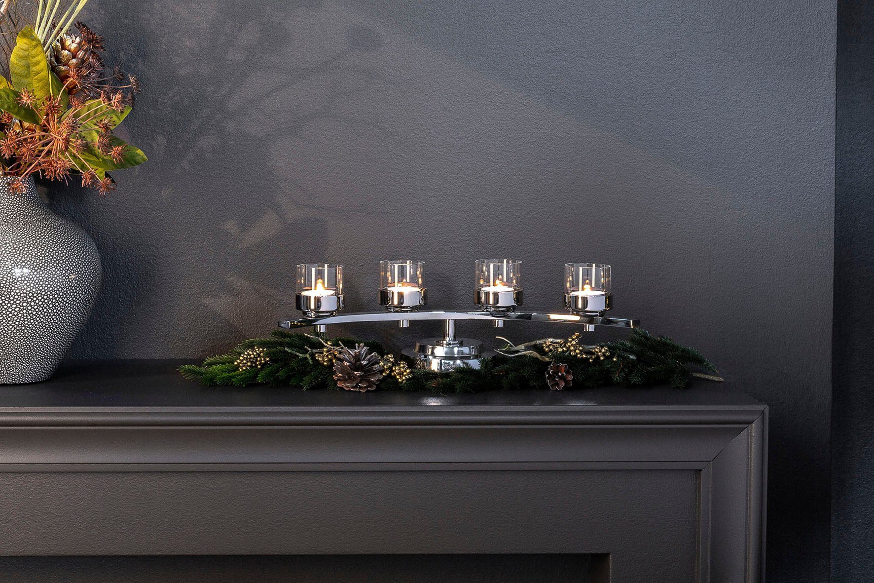 Kerzenhalter 42 Adventsleuchter mit ca. (1 St), Teelichthalter cm 4-flammig, DUNJA, Fink Breite 4-flammig Glaseinsatz,