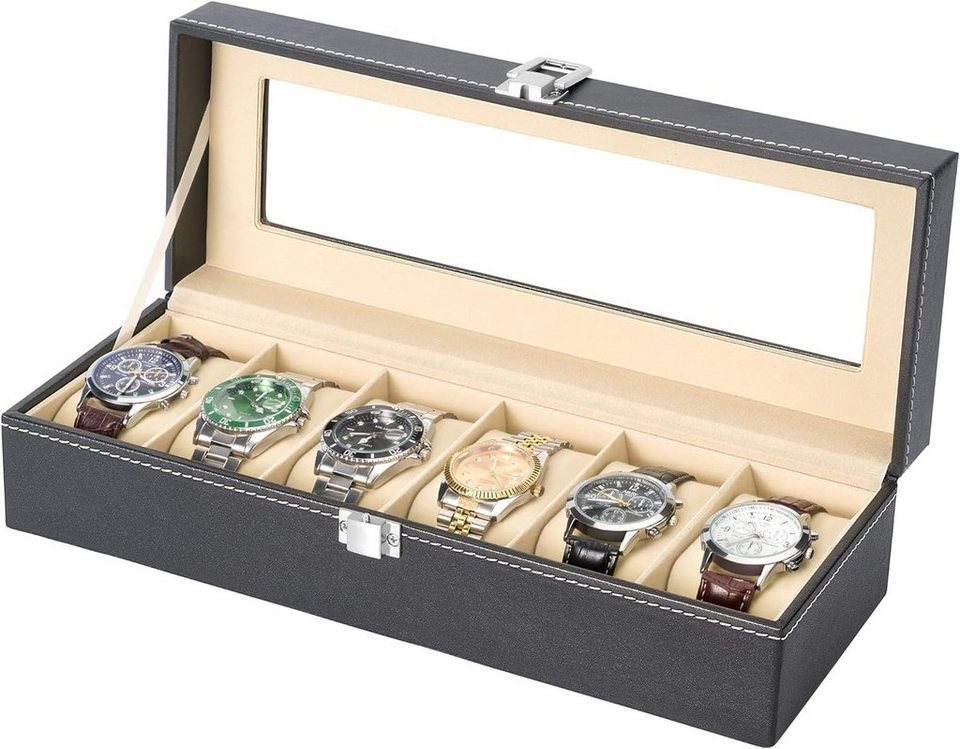HIBNOPN Uhrenbox Uhrenbox für 6 Uhren Kasten Speicher mit Glasdeckel schwarz  (1 St)