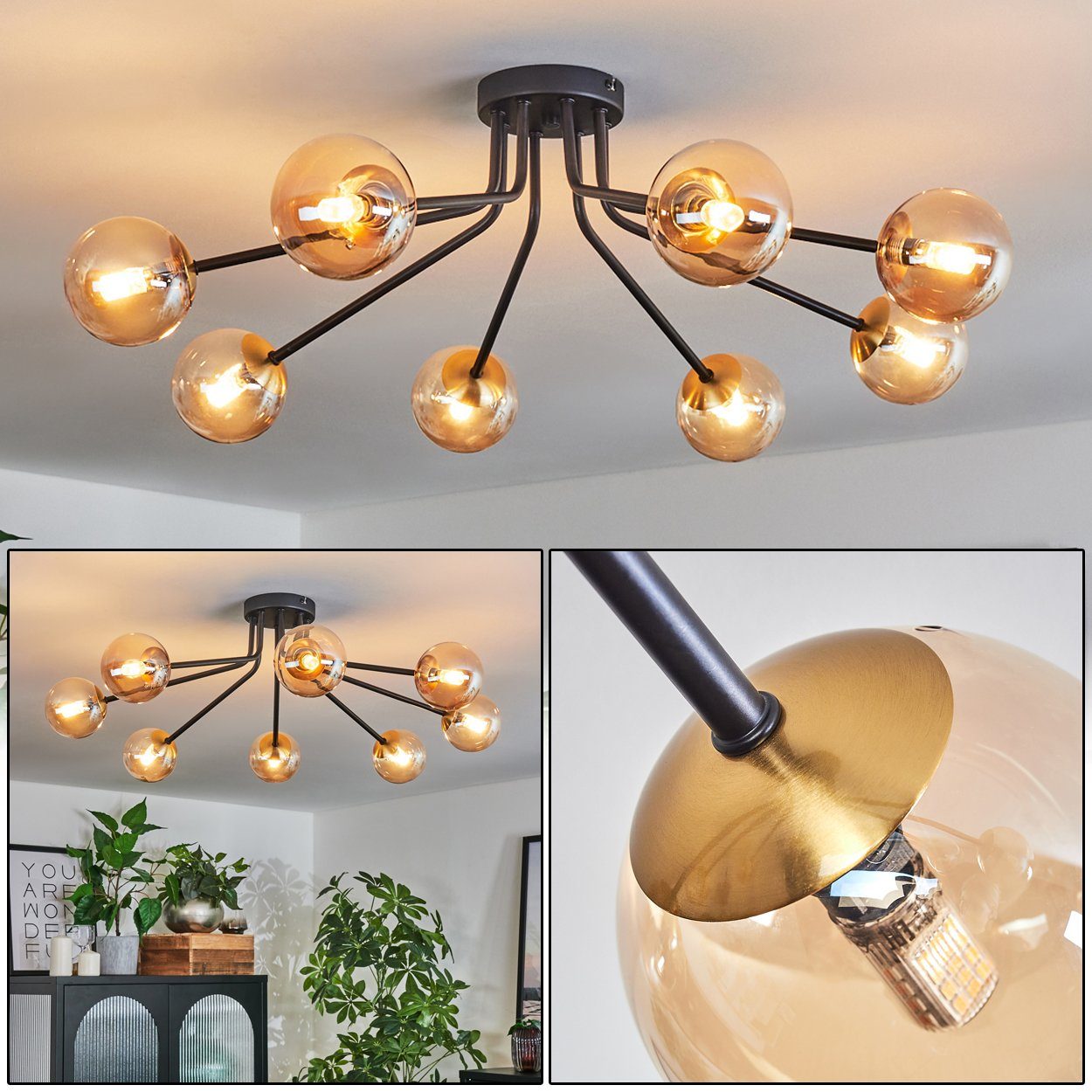 hofstein Deckenleuchte Deckenlampe aus Metall/Glas in Schwarz/Goldfarben/Bernsteinfarben, ohne Leuchtmittel, moderne Leuchte mit Glasschirmen (10 cm), 8 x G9, ohne Leuchtmittel