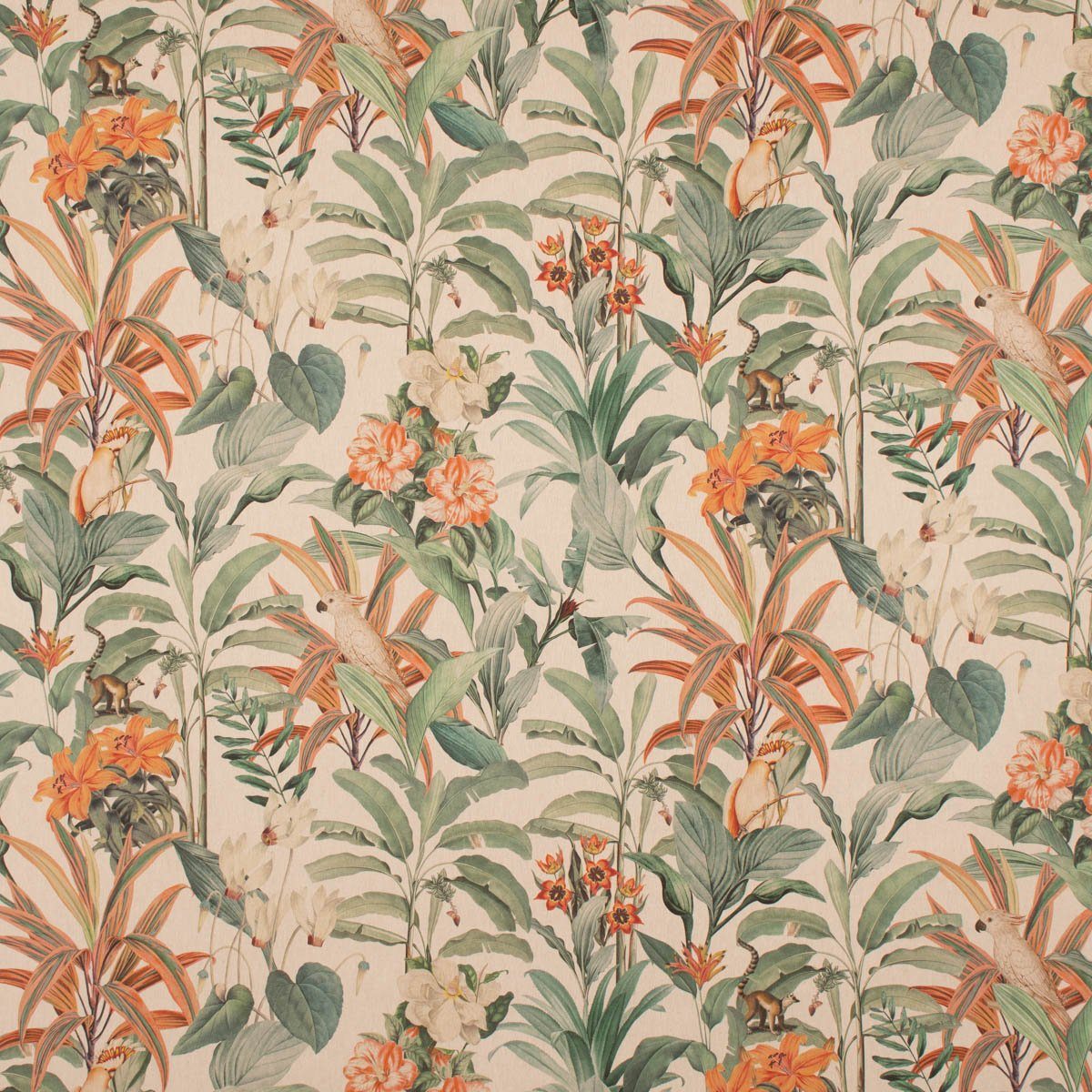 Thumbnail - SCHÖNER LEBEN. Stoff Dekostoff Baumwolle Botanic Palm Jungle Kakadu natur grün orange 1,40, pflegeleicht