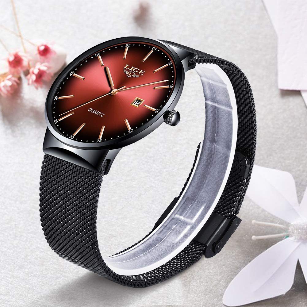 Quarz Mesh Dünne Uhr Rot wasserdichte Armbanduhr GelldG analoge Minimalistisch Mode