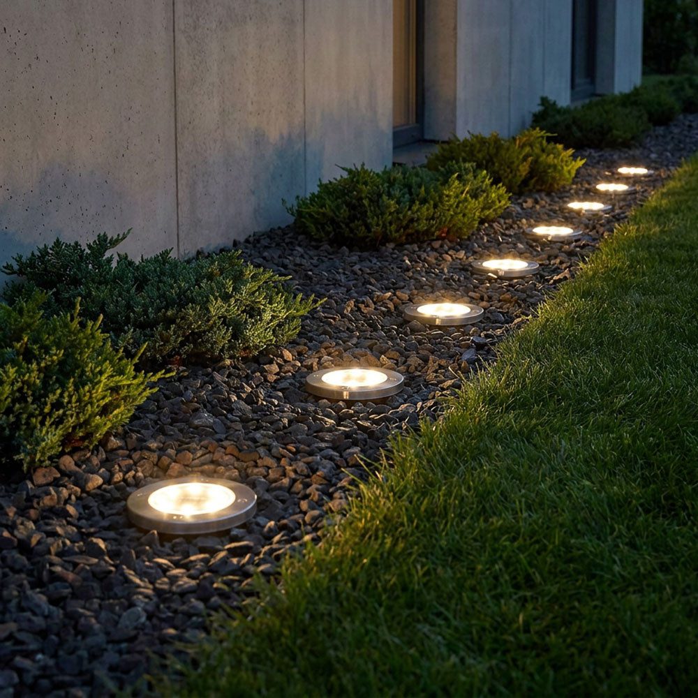 GLOBO LIGHTING LED Gartenleuchte, LED-Leuchtmittel fest verbaut, LED Solarleuchte Bodenstrahler Bodenlampe Erdspieß Edelstahl 8er Set