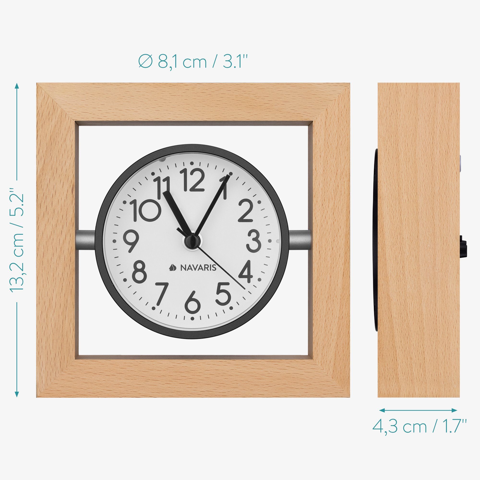 4,3cm Tischuhr x 13,2 13,2 Navaris Design Hellbraun Holz Analog - x Quadrat Tischuhr