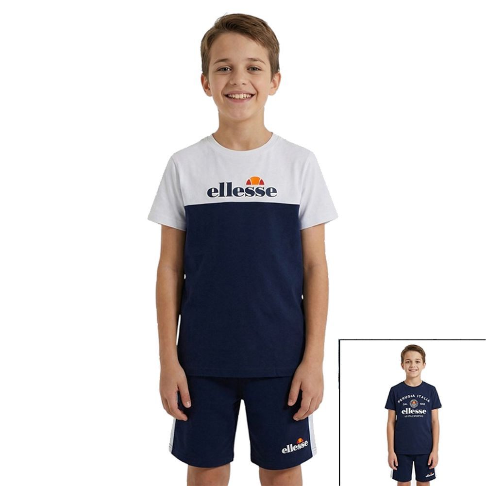 Ellesse Shirt & Shorts Ellesse Kinder Sportset 3-teilig mit 2 Shirts & Shorts Blau Weiß (Set, Sportbekleidung Jugendliche 2Shirt + Shorts) 3Tshirts + Shorts