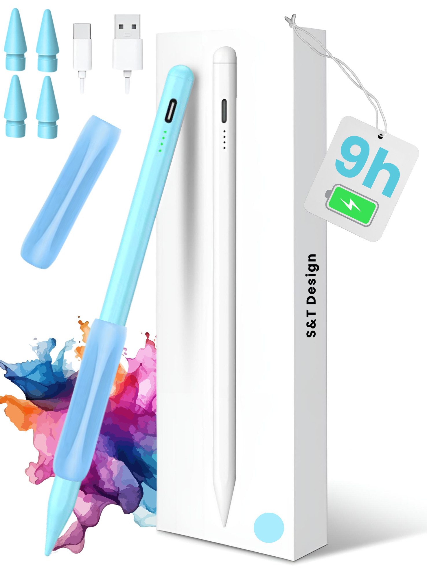 S&T Design Eingabestift Stift für iPad USB-C (2018-2026) Schnellladen für Apple iPads (2018-2026), 1-St., mit 4x iPad Stift Spitzen + Silikon Halterung) Tabletstift Stylus Pencil 2. Gen Pen USB-C Schnellladen Palm Rejection