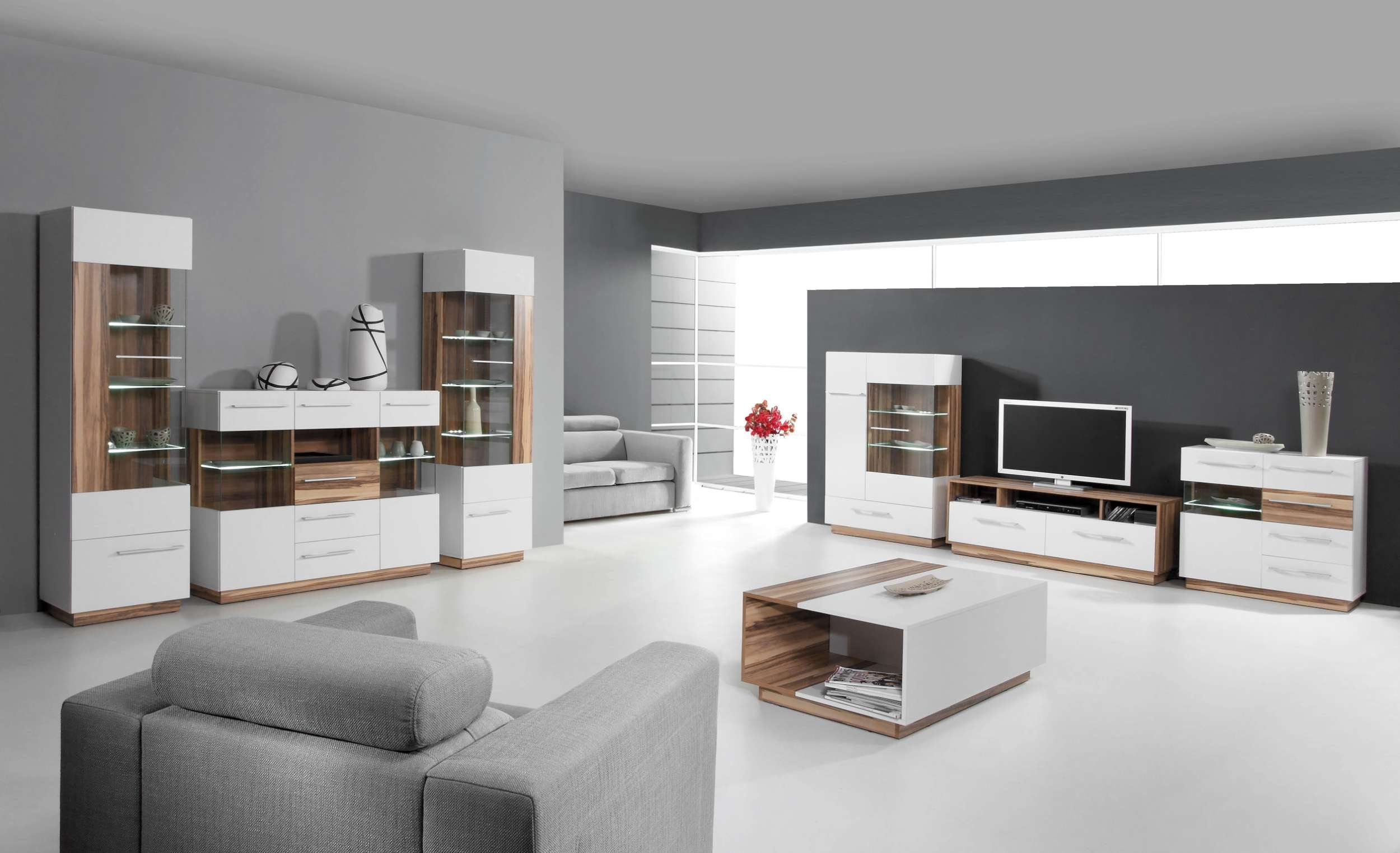 99rooms Wohnwand Zeno Weiß Nussbaum Baltimore, (Set (4-St), Wohnmöbel), bestehend aus 1xKommode, 1xCouchtisch, 2xStandvitrine, Spanplatte, viel Stauraum, variabel stellbar, Modern Design
